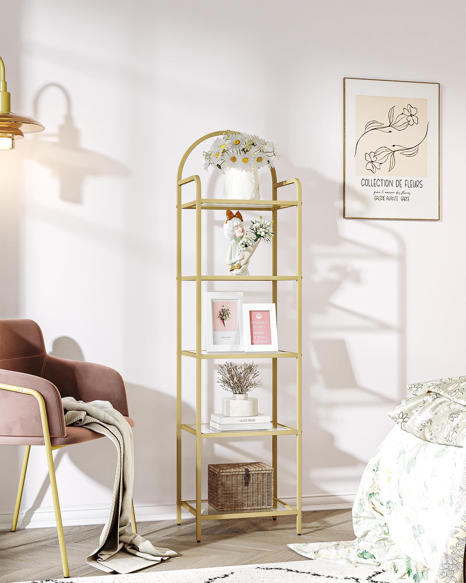 Hzuaneri Bookcase Bookshelf, Tempered Glass Bookshelves, Slim Shelving Unit for Bedroom, Bathroom, Home Office, Steel Frame, 6 Tier Gold BC10601G - Image 8
