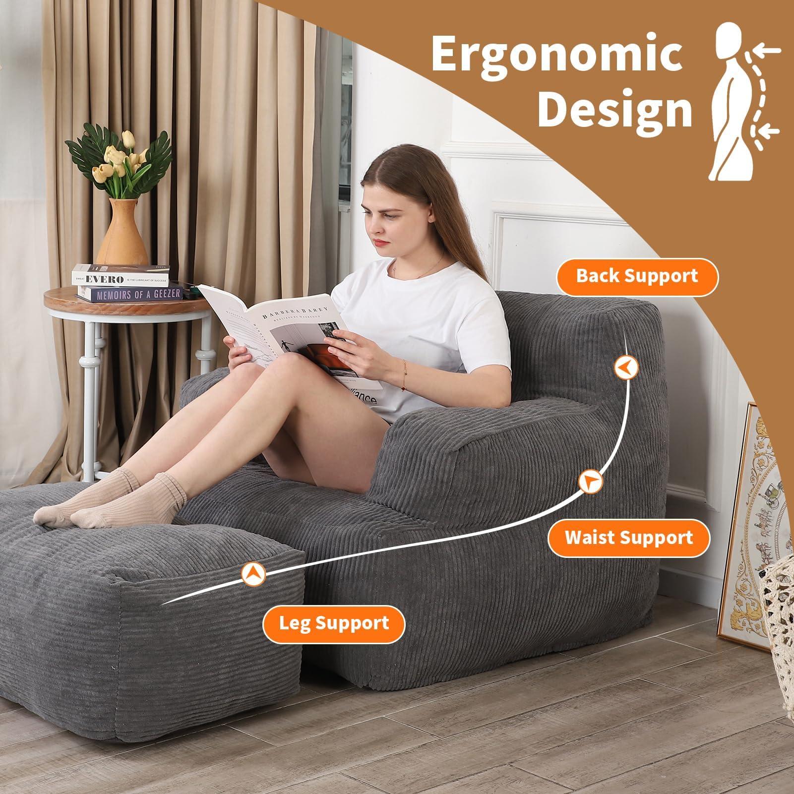 Giant Bean Bag Chair for Adults, Bean Bag Sofa Chair with Ottoman, Comfy Reading Chair for Dorm Room, Dark Grey - Image 5