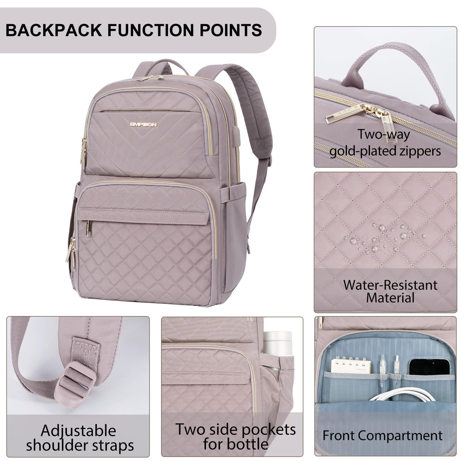 EMPSIGN Laptop Backpack Purse for Women and Men with USB Charging Port, 15.6 Inch Travel Water Resistant Quilted Backpack, High-Capacity 30L Work Business Computer Backpack, Quilted Grey Pink - Image 3