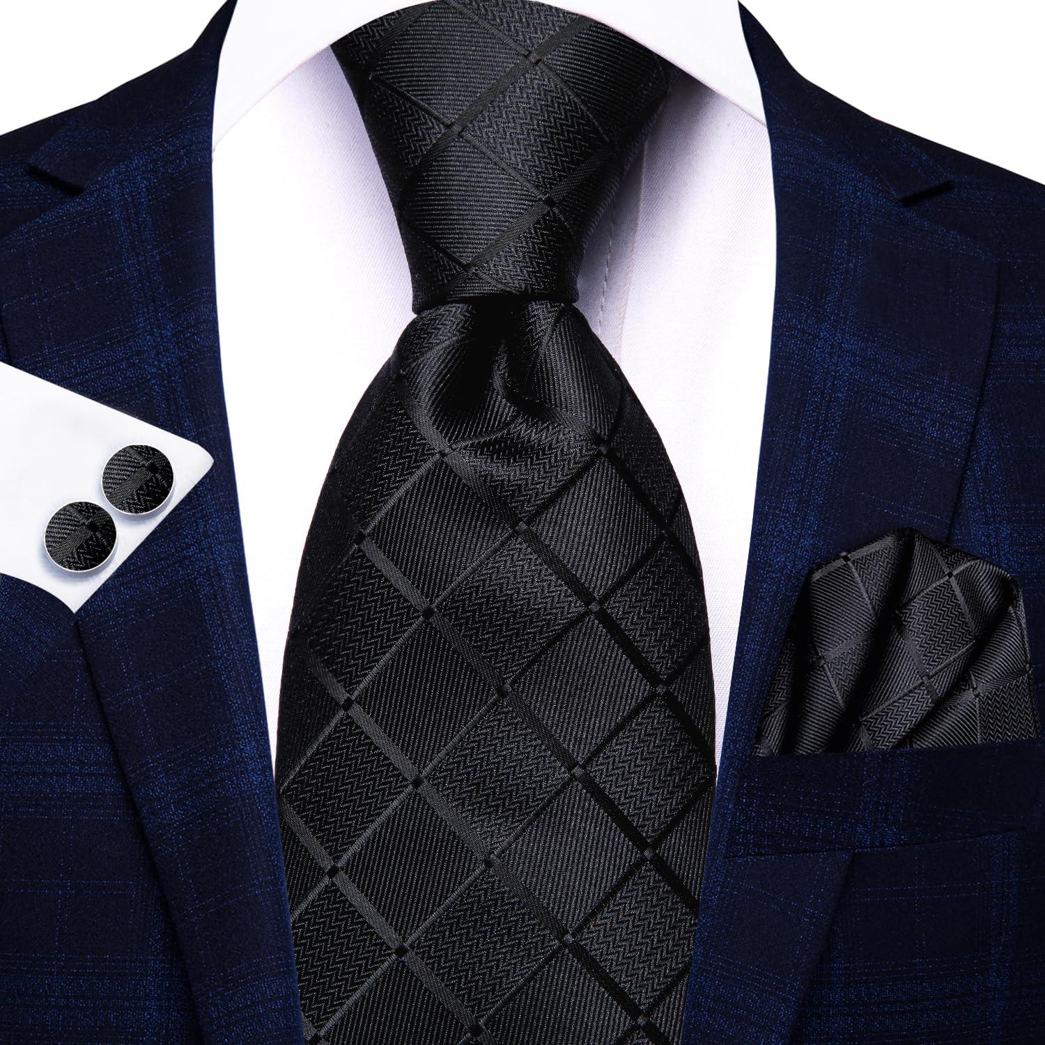Hi-Tie Mens Plaid Ties Classic Paisley Necktie with Handkerchief Cufflinks Set Business Stripe Tie - Image 3