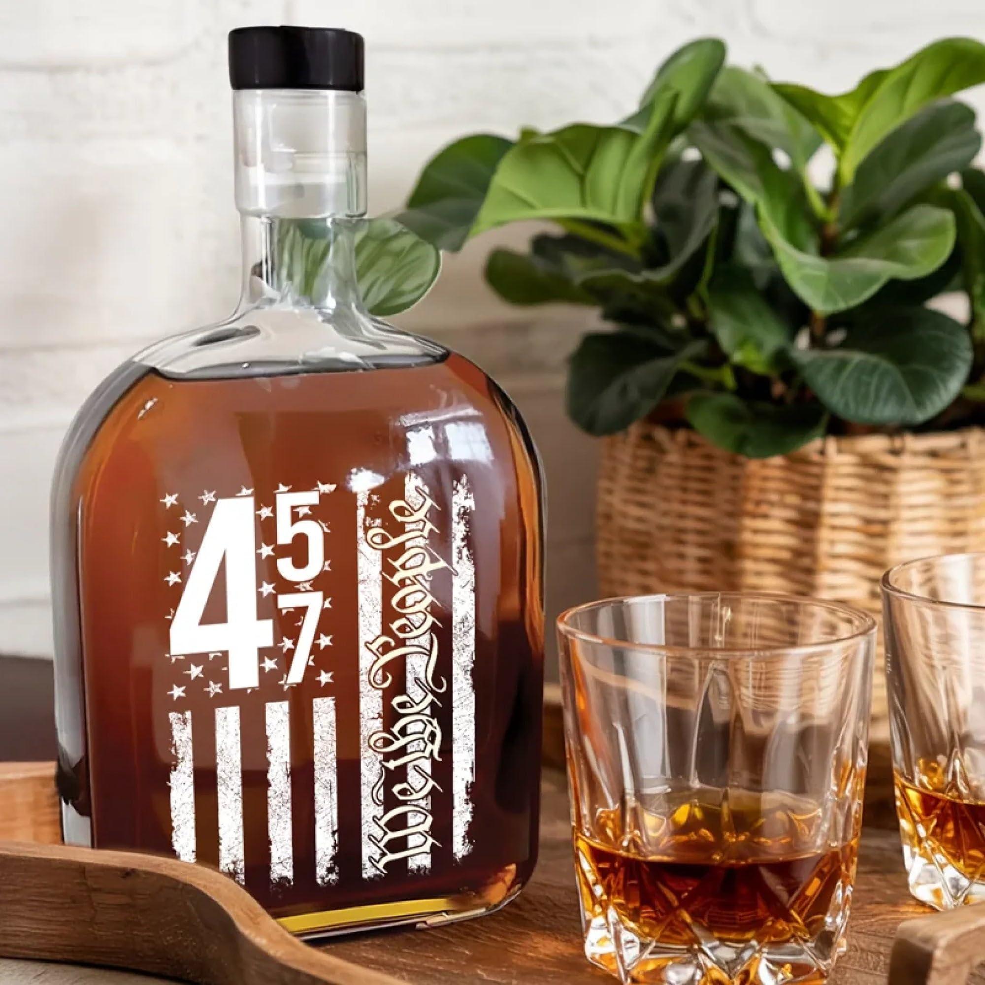 US Patriotic Pride Nordic-style Glass Bottle with T-Top Caps – Whiskey Decanter (Bottle Only)– 47th President Supporters, Independence Day & Father’s Day Gift (45 47, We The People) - Image 4
