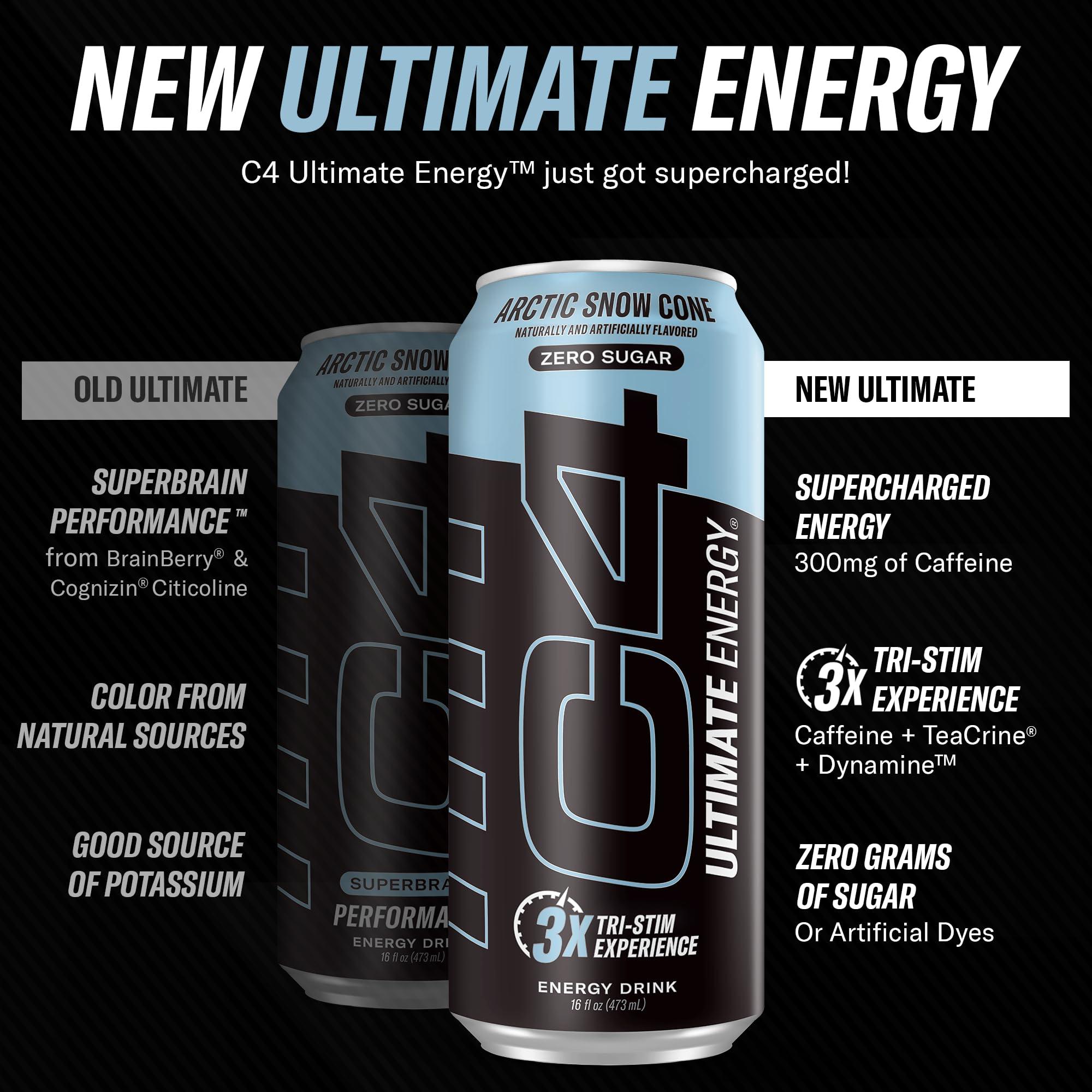 C4 Ultimate Sugar Free Energy Drink 16oz (Pack of 12) | Arctic Snow Cone | Pre Workout Performance Drink with No Artificial Colors or Dyes - Image 2