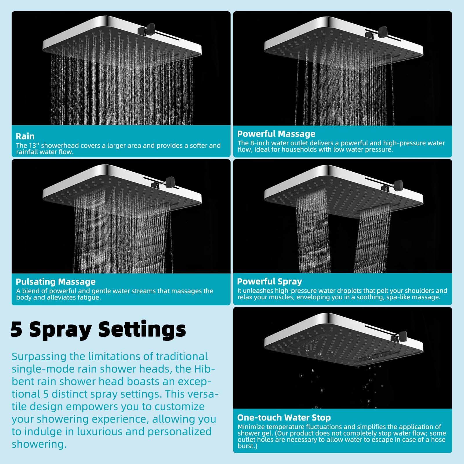 Hibbent 5 Spray Modes Shower Head, 13'' High Pressure Rain Shower Head, Large Rainfall Showerhead for Bathroom, High Flow Waterfall Fixed Showerheads with Adjustable Swivel Ball Joint, Chrome - Image 4