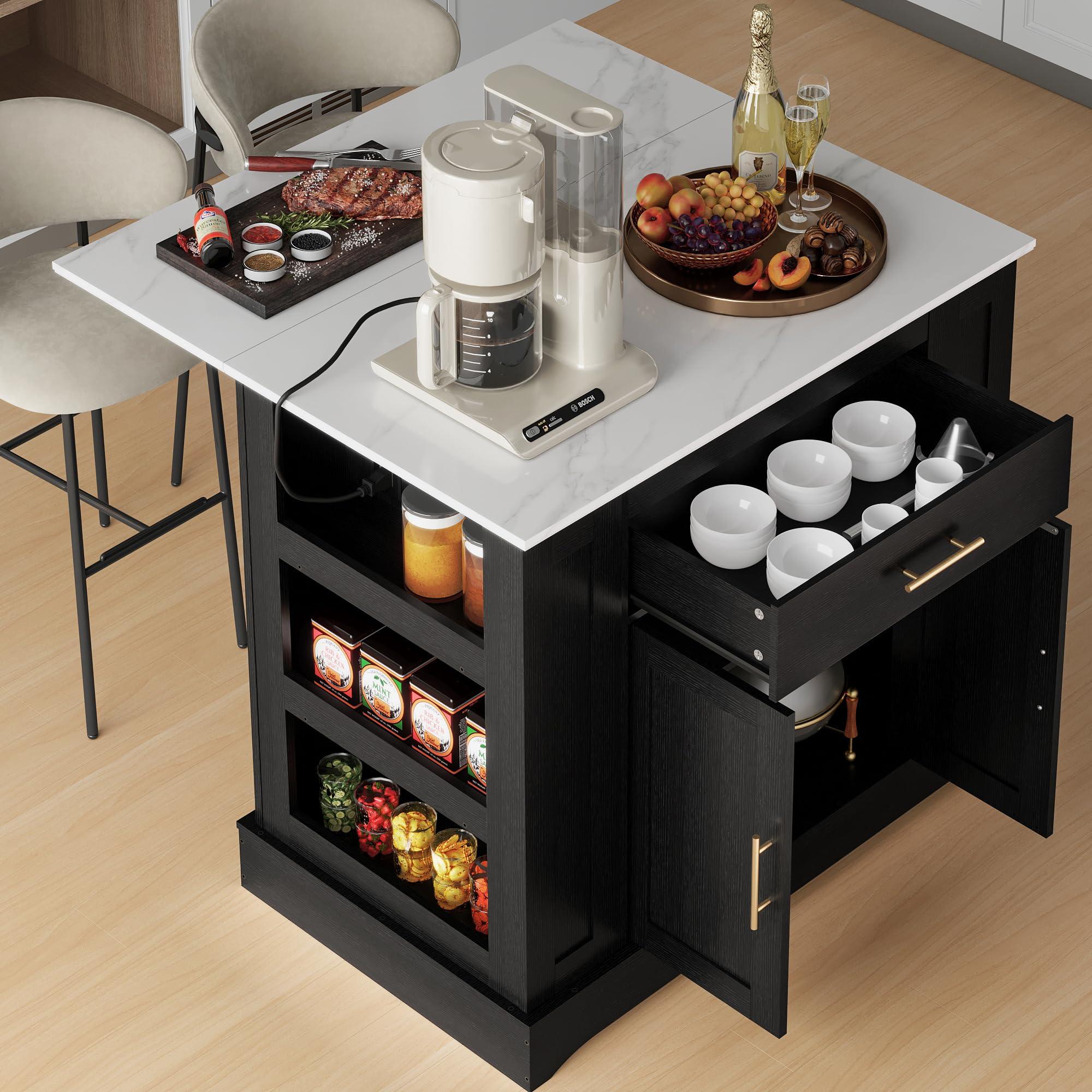 FUSUNBAO Large Kitchen Island with Storage & Power Outlet, Drawer, Adjustable Shelves, Side Open Compartments, and Drop Leaf,Island Table for Kitchen with Footrest,Black - Image 2