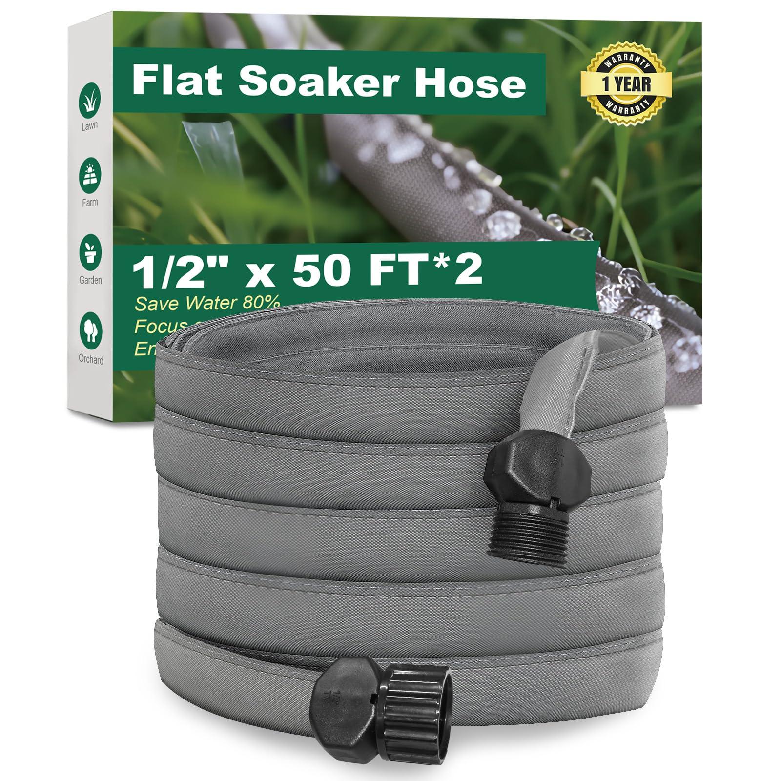 Flat Soaker Hose for Garden Beds 100 ft,Linkable Drip Irrigation Hose Save 80% Water, Leakproof Watering Hose with Holes, Duty Double Layer Flexible Leakproof(50 FT x 2Pack)