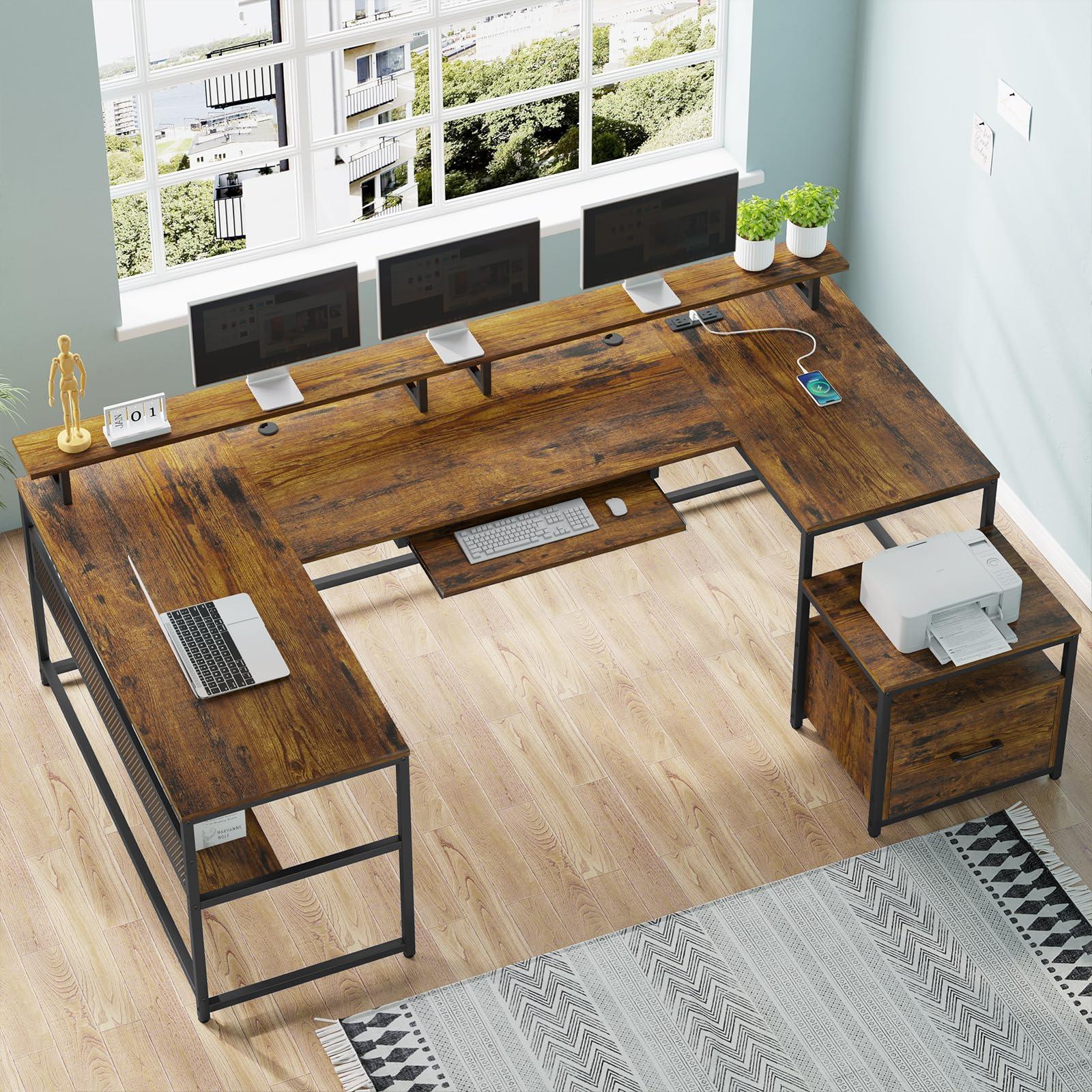 SEDETA U Shaped Desk, Reversible L Shaped Home Office Desk with File Drawer & Power Outlet, 101.5'' Computer Two Person Desk with Monitor Shelf, Keyboard Tray, Gaming Desk, Rustic Brown - Image 6