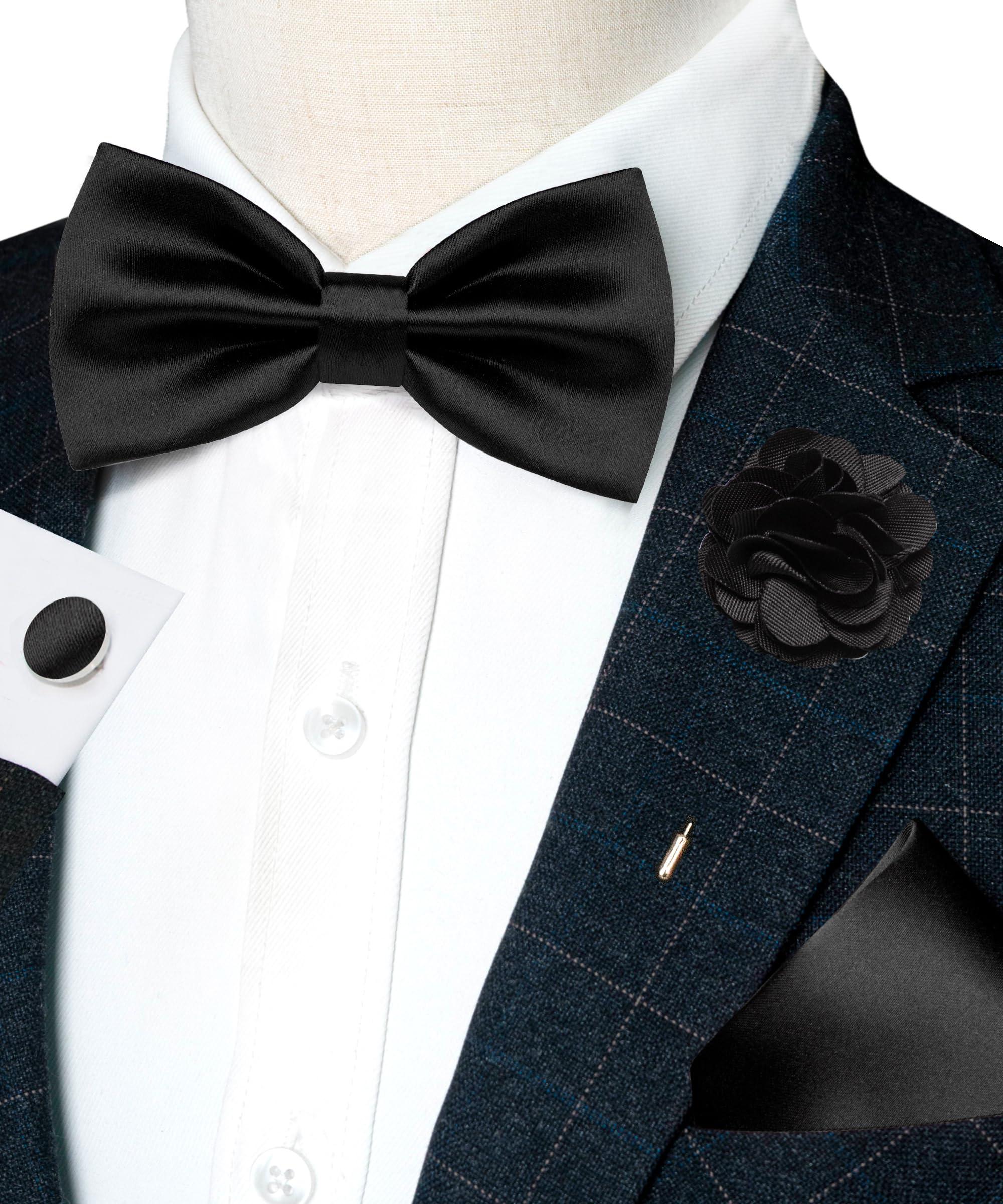 RBOCOTT Solid Color Bow Tie and Pocket Square with Lapel Pin Cufflinks Set 4PCS - Image 2
