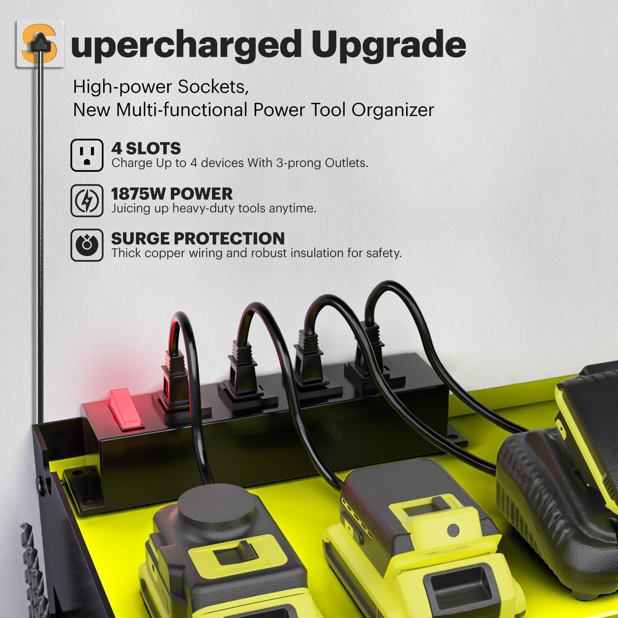 Spampur Power Tool Organizer, 15 Min Quick Assembly & Max 420lb load by Heavy Duty Metal, 6 Slots for Cordless Drill with 4 Outlet Power Strip in Garage/Workshop/Pegboard Suitable for Father Day - Image 4
