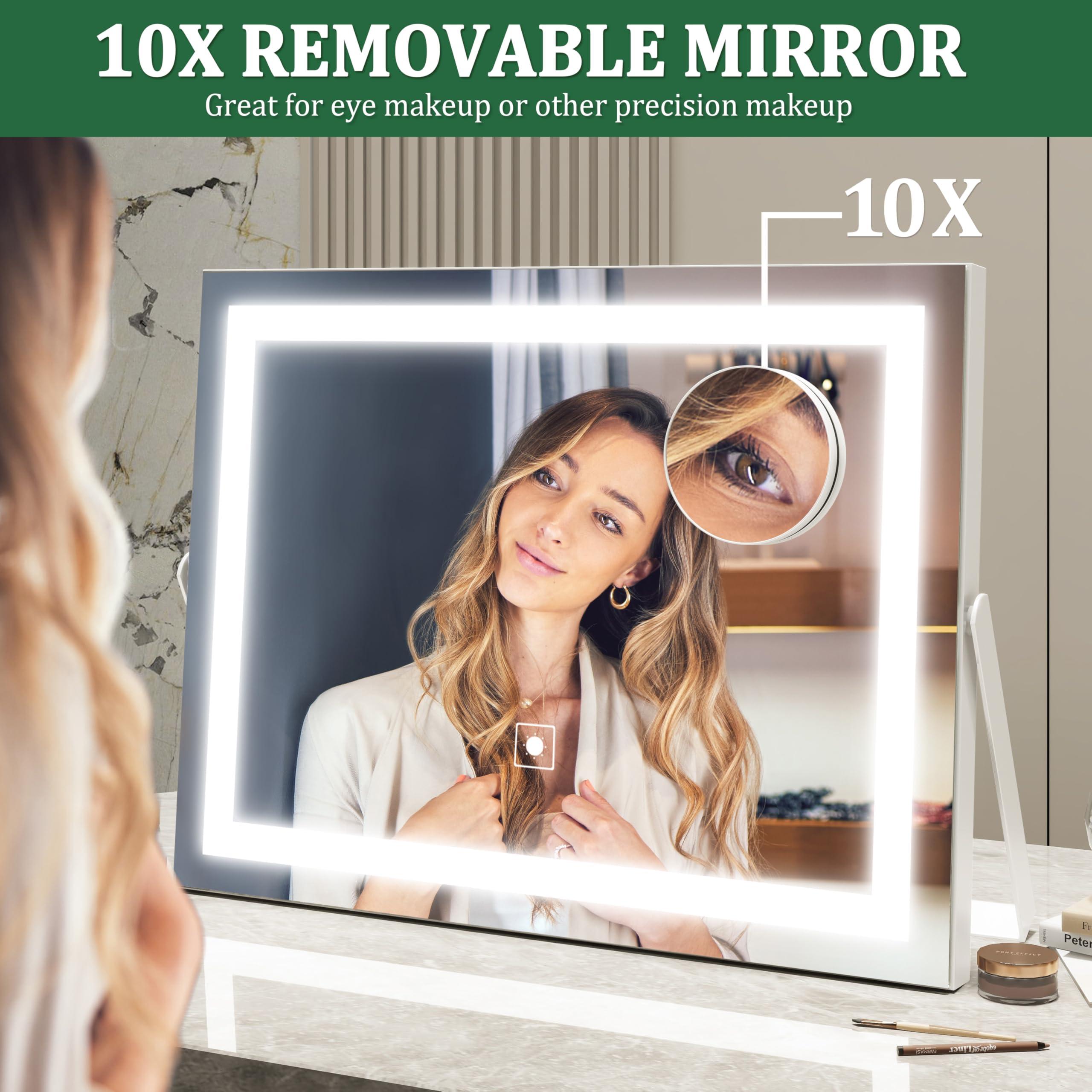 ROLOVE Vanity Mirror with Lights, 14" x 11" LED Makeup Mirror, 3 Modes Light, Smart Touch Control Dimmable, 10X Magnification, 360°Rotation, Square Corner Rectangle, White - Image 6