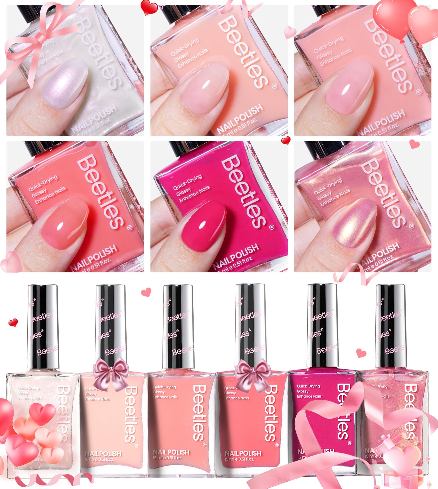 Beetles Nail Polish Set Heartbeat-6 Colors Hot Pink White Jelly Nude Pink Nail Polish Set Shimmer Pearl Quick Dry Finger Nail Polish DIY Nail Art Salon Home Gift for Women & Girls - Image 8