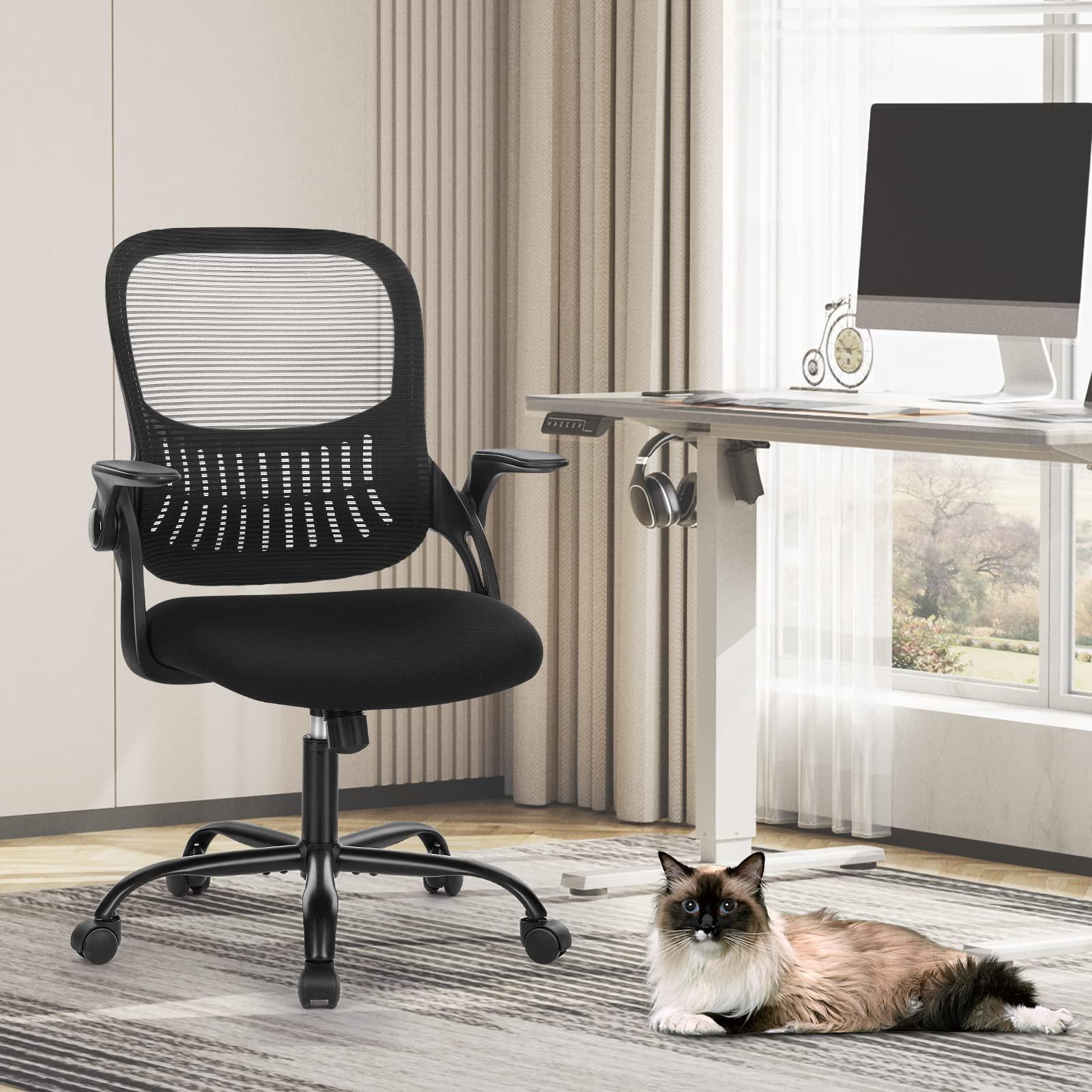 Sweetcrispy Office Computer Desk Chair, Ergonomic Mid-Back Mesh Rolling Work Swivel Task Chairs with Wheels, Comfortable Lumbar Support, Comfy Flip-up Arms for Home, Bedroom, Study, Student, Black - Image 8