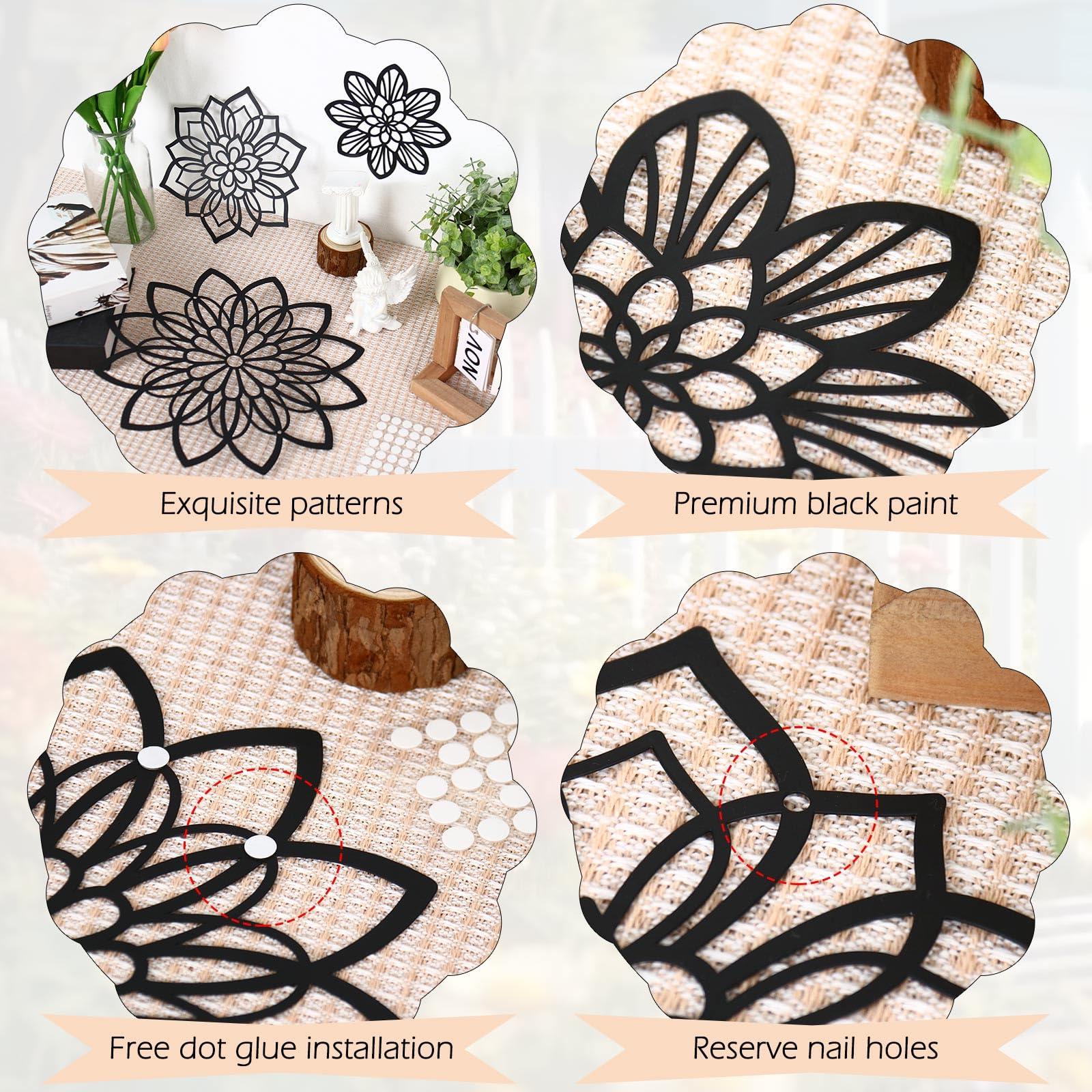 Zzbakress 3 Pieces Metal Flowers Wall Decor, Black Wall Decors, Flower Art Wall Decor Farmhouse Wall Decoration Multiple Flowers Hanging Decor for Bathroom Living Room Garden Office (Black Elegant) - Image 4