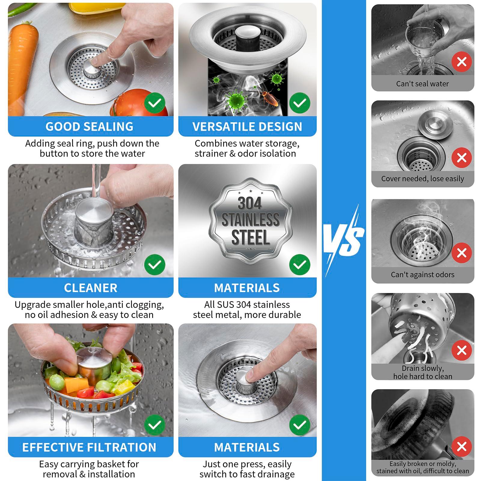 Upgraded 3 in 1 Kitchen Sink Drain Strainer - Stainless Steel Sink Stopper, Anti-Clogging Sink Food Catcher Basket, Fast Drainage Odor Filter Sink Plug for US Standard 3 1/2 inch Drain (Silver-1Pack) - Image 4