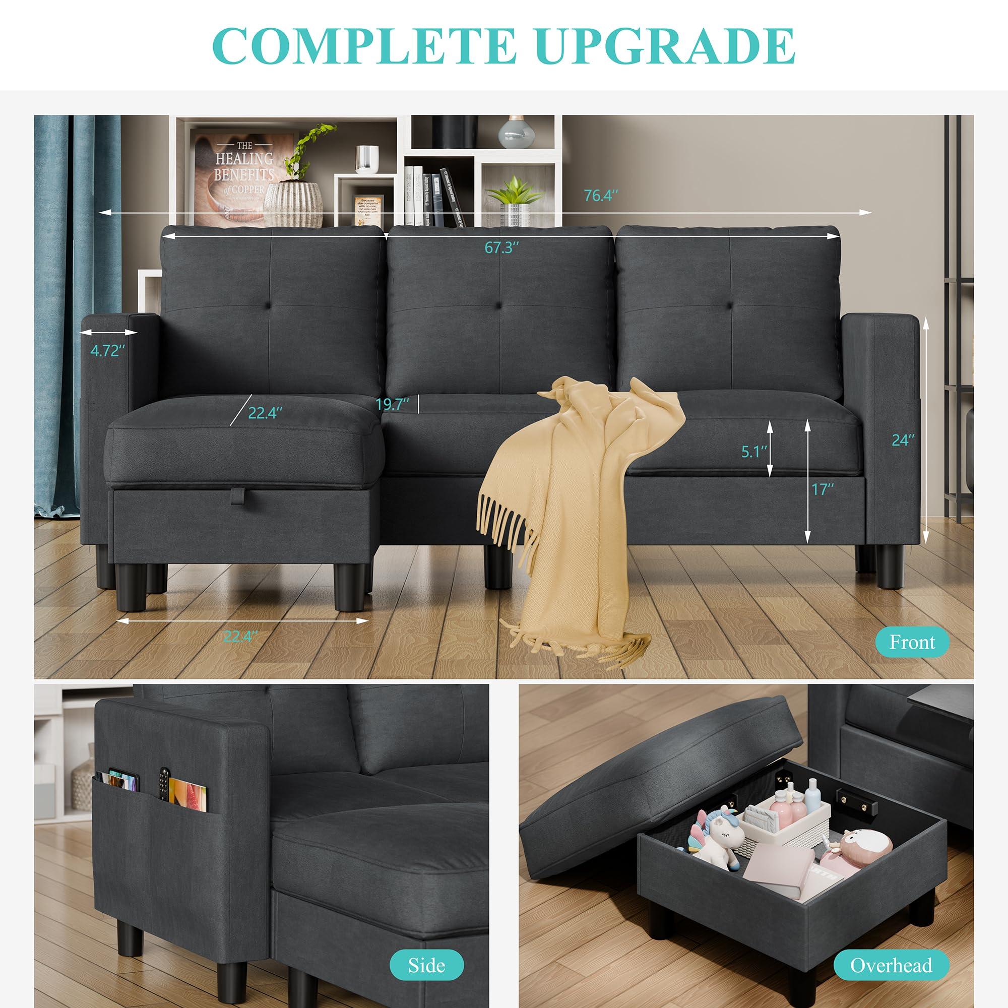 Shintenchi Convertible L-Shaped Sectional Sofa with Ottoman, 3-Seater Modern Linen Couch with Reversible Chaise and Armrest for Apartment, Office, Small Space - Image 2