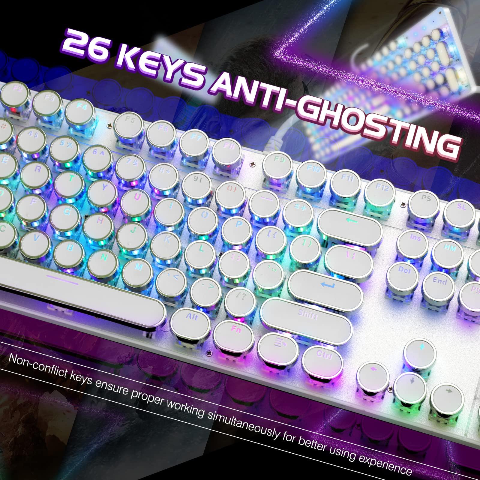 YSCP Typewriter Style Mechanical Gaming Keyboard RGB Backlit Wired with Blue Switch Retro Round Keycap 104 Keys Keyboard (White 104 Keys RGB) - Image 4
