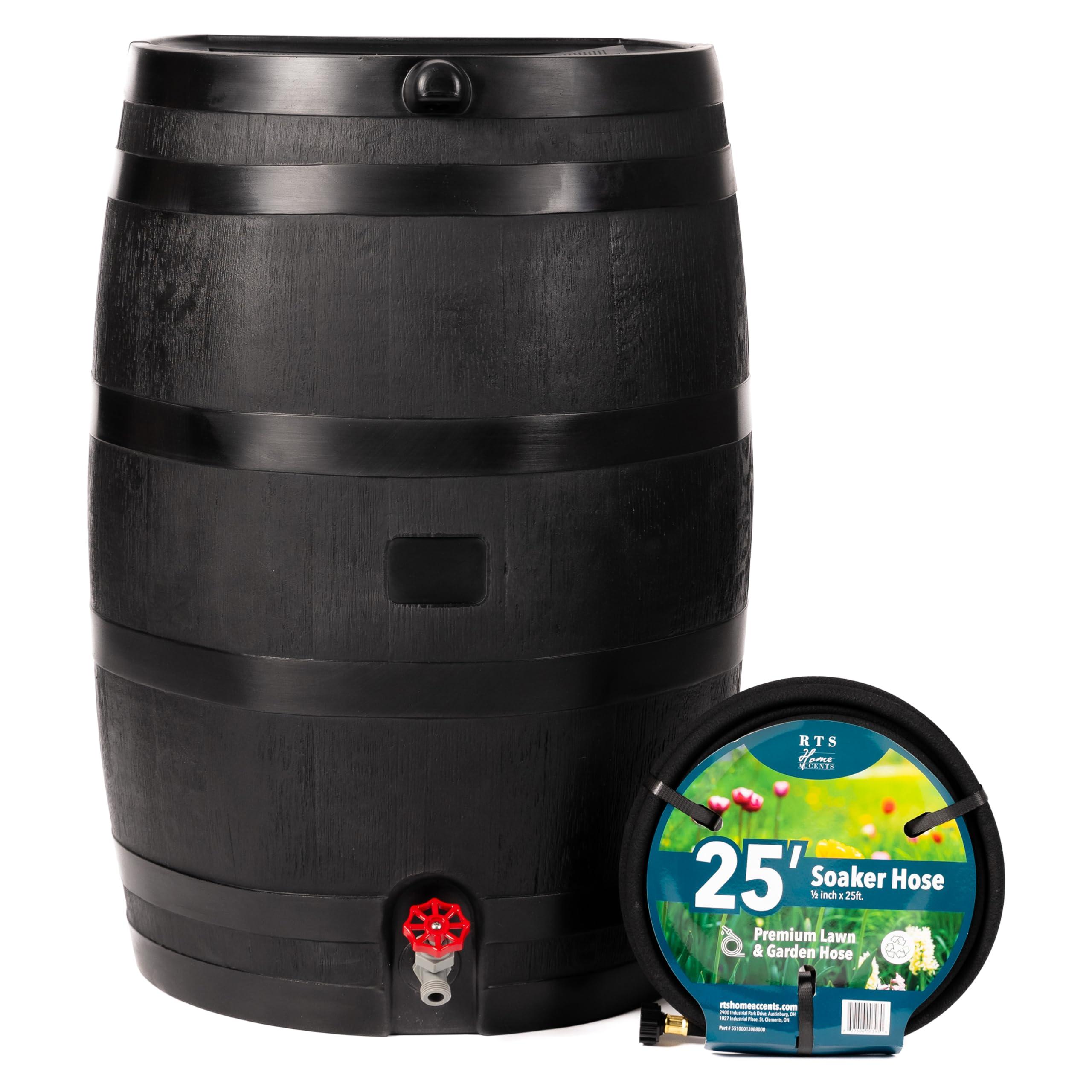 RTS Home Accents 50-Gallon ECO Rain Barrel Made with 100% Recycled Plastic, Flat Back Rain Water Collection Barrel, Soaker Hose Included, Black