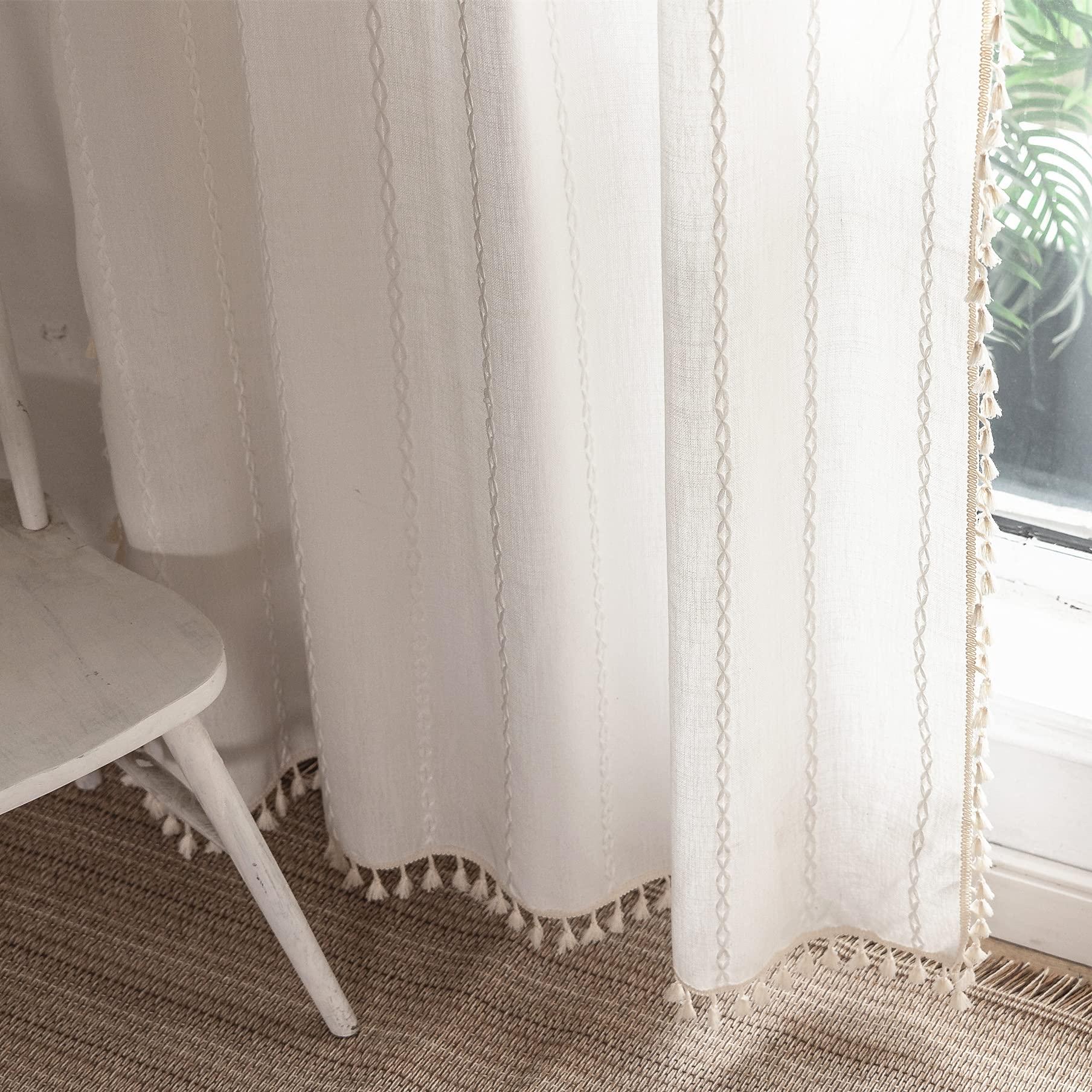 Deeprove White Boho Curtains 84 Inches Long for Bedroom Living Room, Cream Chic Linen Cotton Embroidered Semi Blackout Bohemian Farmhouse Window Treatment Drape Vintage Tassels, 1 Panel W52 x L84 - Image 4