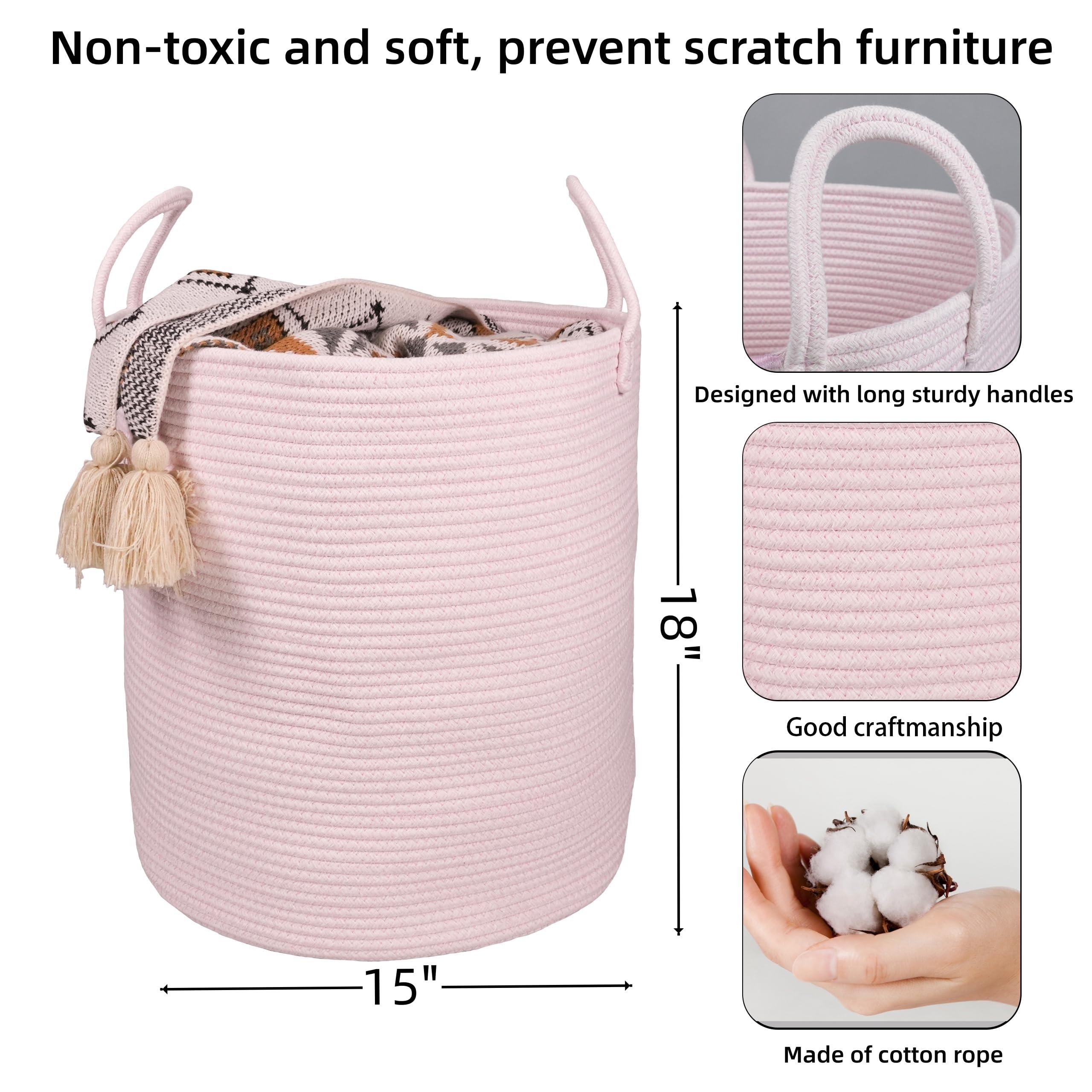XUANGUO Cotton Rope Laundry Basket Hamper for Girls Kids Baby Nursery Hamper Bin Woven Storage Basket for Living Room Girls room Boho Tall Rope Baskets for Blanket Toys Large light pink - Image 3