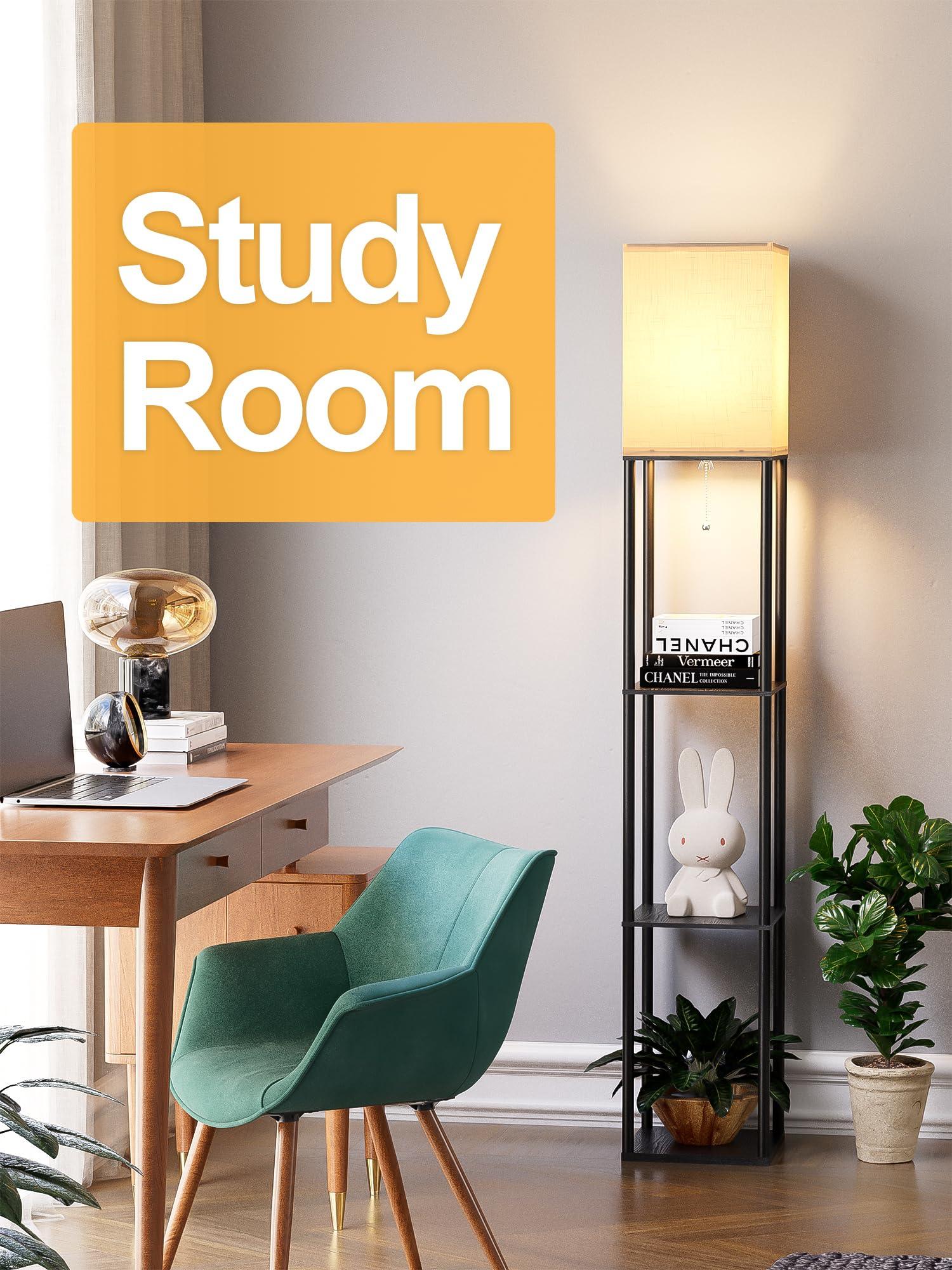 Floor Lamp with Shelves for Living Room, Shelf Floor Lamp with 3 CCT LED Bulb, Corner Display Standing Column Lamp Etagere Organizer Tower Nightstand with White Linen Shade for Bedroom, Office - Image 7