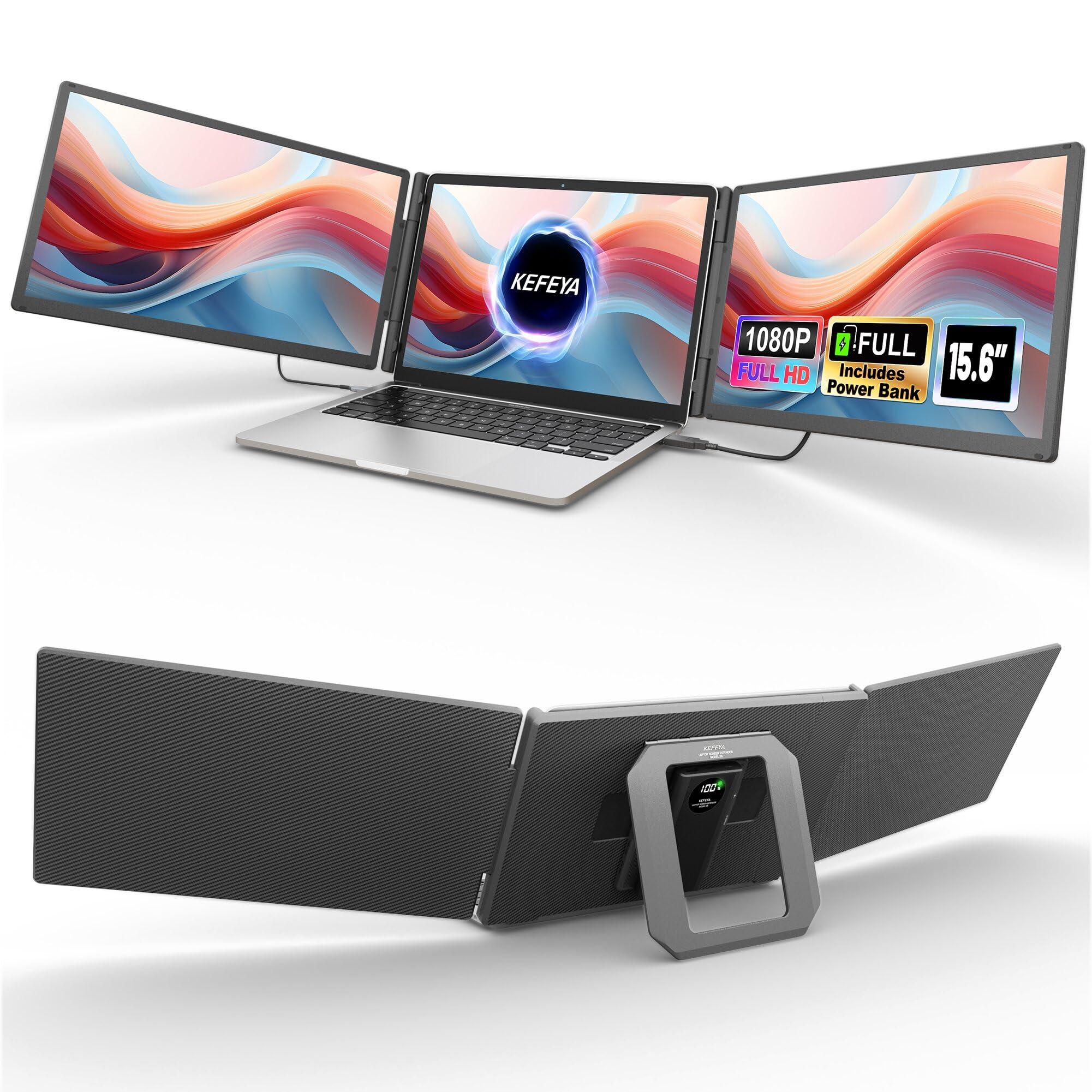 KEFEYA 15.6" Laptop Screen Extender, Includes Power Bank, FHD 1080P IPS Triple Laptop Monitor Extender for 13-17" Laptops, Plug & Play with HDMI/USB-A/TYPE-C/Hub, Compatible with Windows, Mac, Android