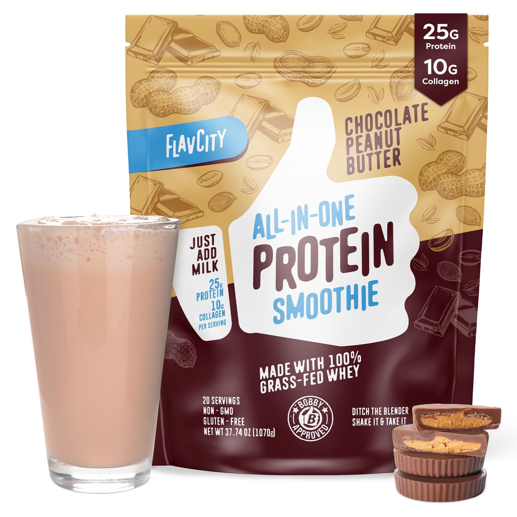 FlavCity Grass Fed Whey Chocolate Protein Powder - Chocolate Peanut Butter - 25g Protein & 10g Collagen - Made with Organic Cocoa & Coconut Milk - Gluten Free & No Added Sugars (20 Servings)