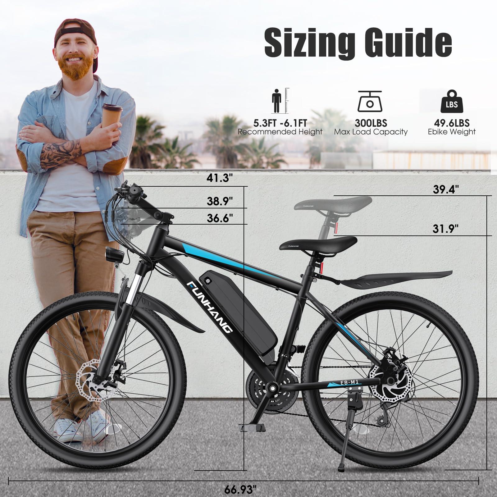 Funhang Electric Bike for Adults, Peak 1000W Ebike, 50Miles 21.7MPH Adult Electric Bicycles, 26" Electric Mountain Bike 48V 374.4WH Battery, Commuter E Bike with Adjustable Stem, Fenders, 21 Speed - Image 7