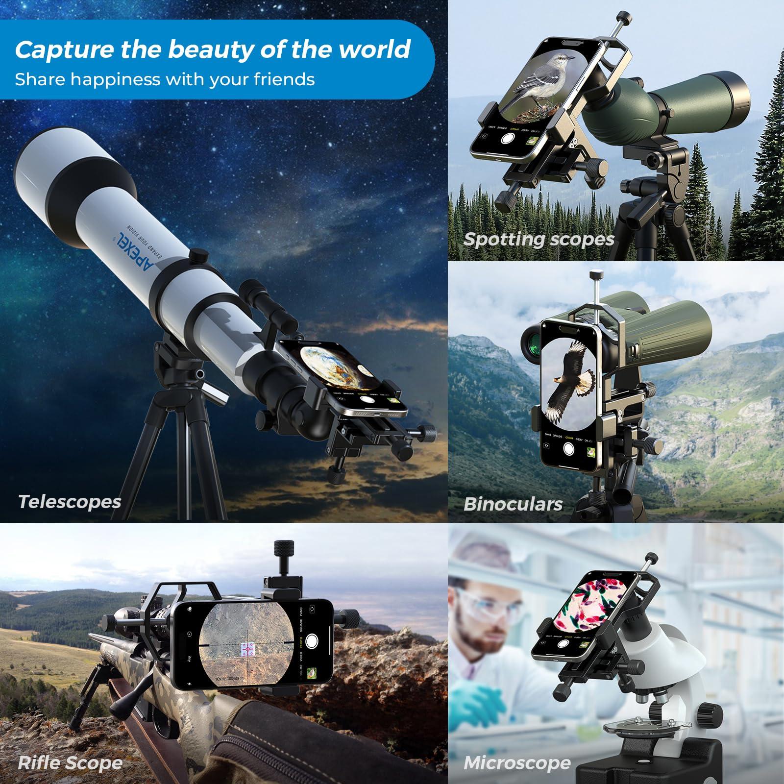 APEXEL CNC Aluminum 3-Axis Telescope Phone Adapter, XYZ-Axis High-Precision Photo Adapter Fits All Smartphone, Phone Mount for Binocular, Monocular, Microscope, Spotting Scope. (with Shutter Remote) - Image 7