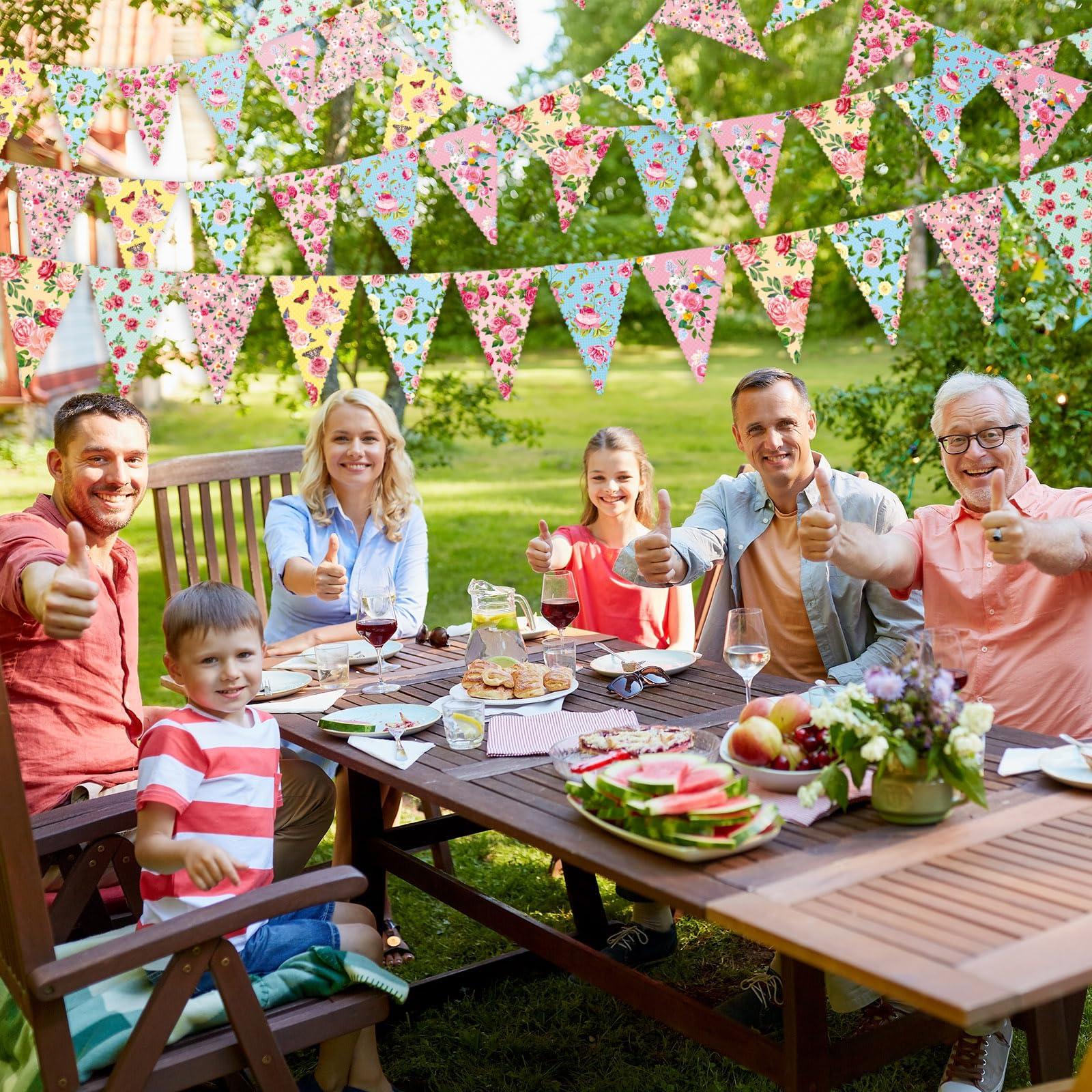 Faccito 49 ft 60 Pcs Tea Floral Party Paper Bunting Decor Outdoor Bunting Banner Floral Pennant Banner Tea Party Birthday Supplies for Wonderland Garden Baby Shower Bridal Wedding Bedroom - Image 5