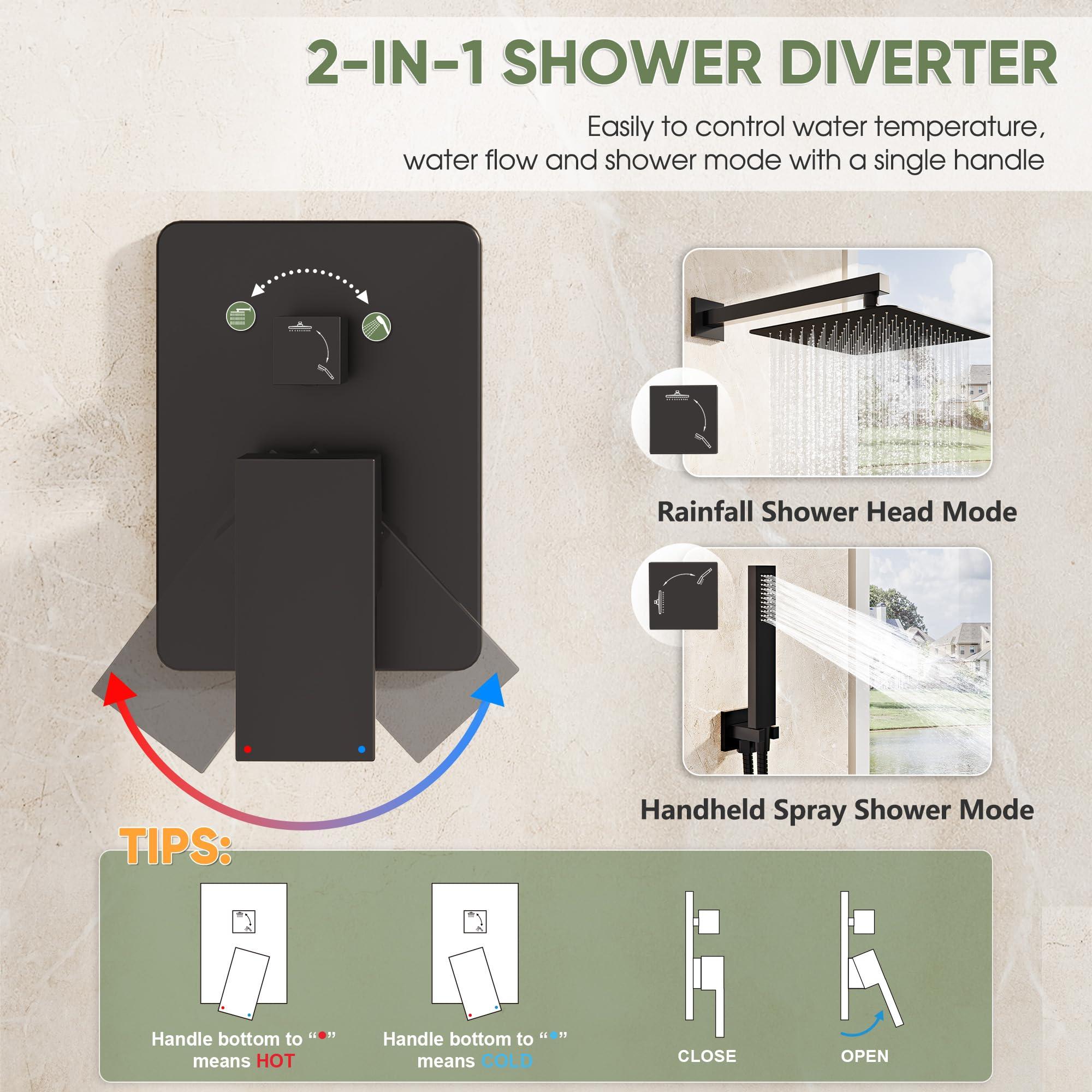 Kurpot Black Shower System, Wall Mounted Shower Faucet Set with Valve, 10-Inch Rainfall Shower Head with Handheld Combo Spray, 59'' Long Shower Hose and Shower Trim Kit, Matte Black - Image 6
