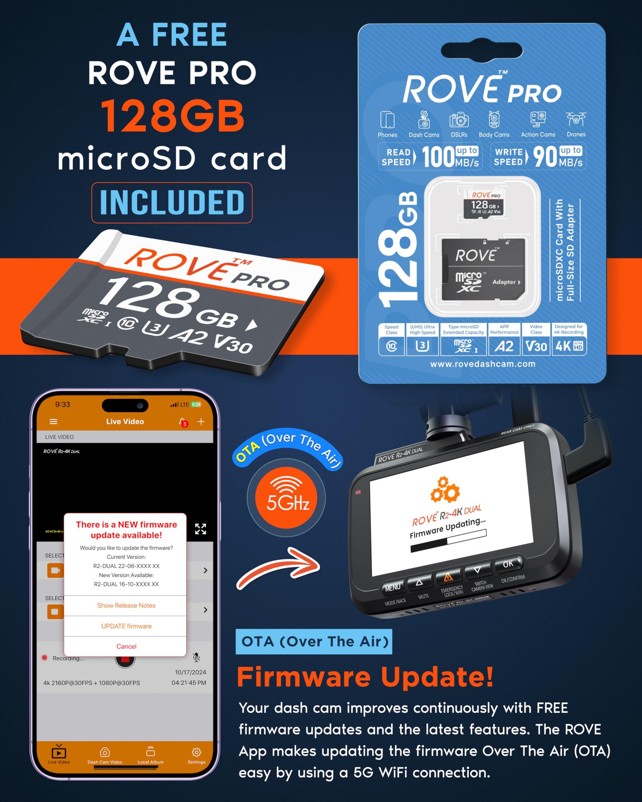 ROVE R2-4K DUAL Dash Cam Front and Rear, STARVIS 2 Sensor, FREE 128GB Card Included, 5G WiFi - up to 20MB/s Fastest Download Speed with App, 4K 2160P/FHD Dash Camera for Cars, 3" IPS, 24H Parking Mode - Image 8