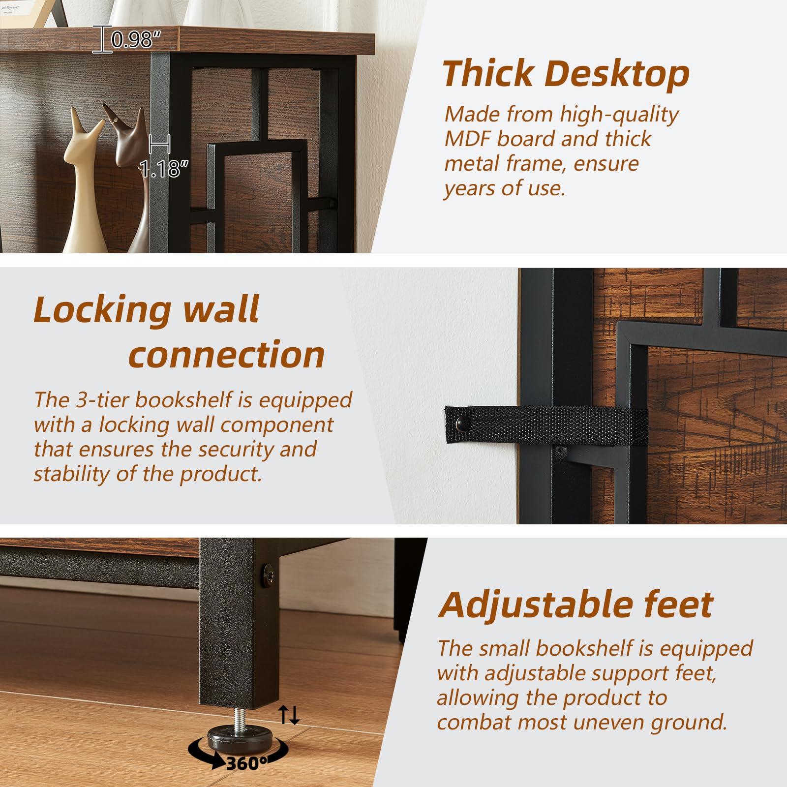 HOMISSUE Book Shelf, 3 Tier Deep Bookshelf with Storage, Engineered Wood and Metal Shelf Bookcase, Low Short Bookcases for Small Space, Living Room, Bedroom, Office, Rustic Brown - Image 5