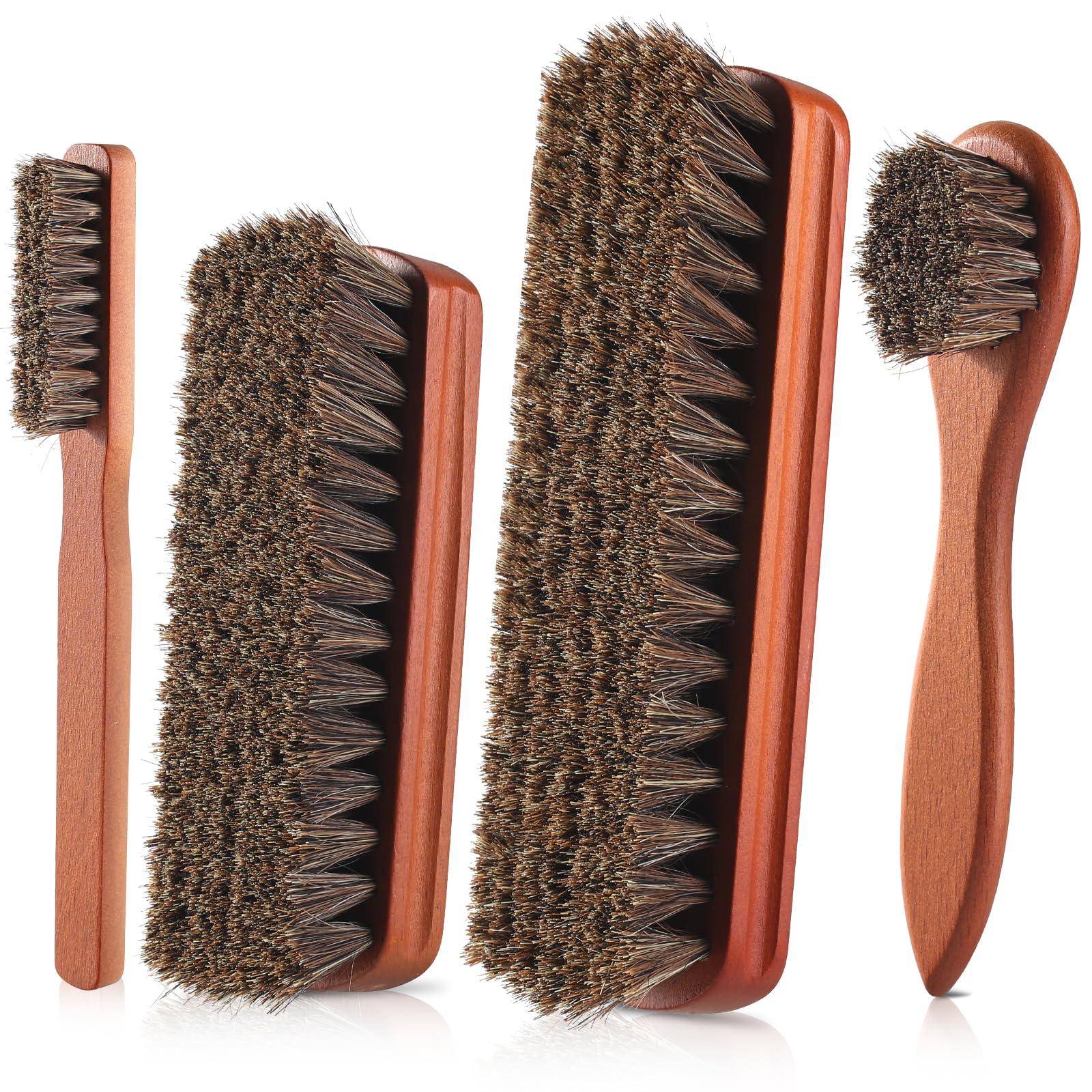YEHFHSU 4 Pcs Shoe Brush, Boot Brush, Horse Hair Brush for Leather, Shoe Polish Brush, Professional Leather Shoe Care Brushes, Horsehair Shoe Shine Brush Cleaning Brush Care Clean Dauber Applicators