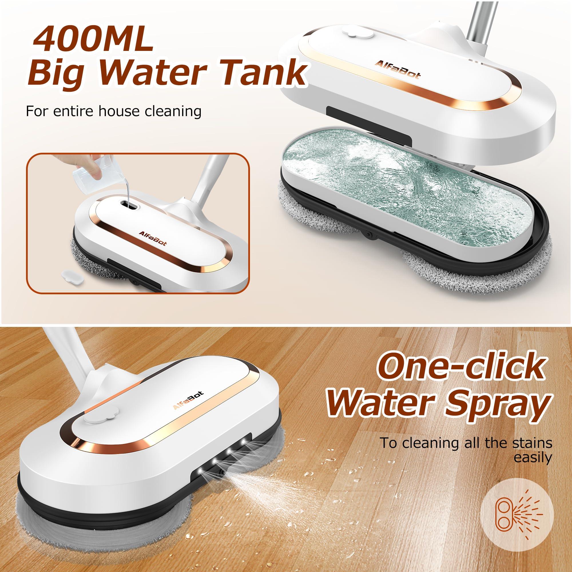 Electric Mop, AlfaBot S2 Cordless Spin Mop for Floor Cleaning, with LED Headlight and Sprayer/400ML Big Tank/60 Mins Runtime, Lightweight Floor Scrubber for Hardwood Floors, Tile, Laminate - Image 3