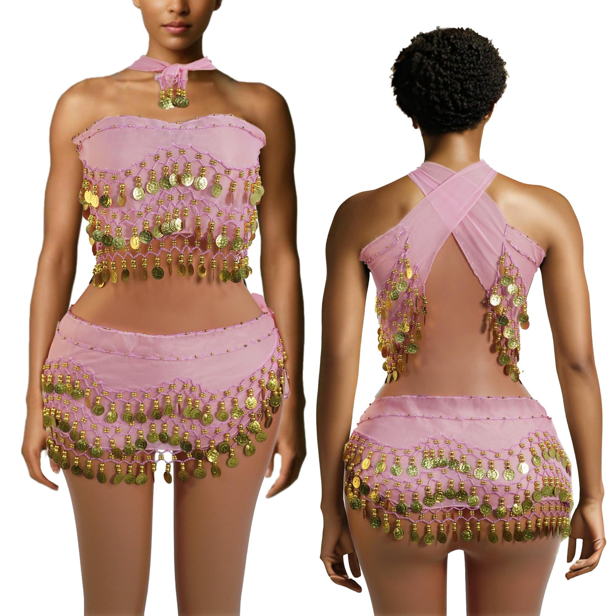 Baisdan Belly Dance Hip Scarf 2 Piece, Belly Dance Skirt and Top Set, Dancing Coin Skirts for Women, Halloween Costume, 2Pack - Image 6