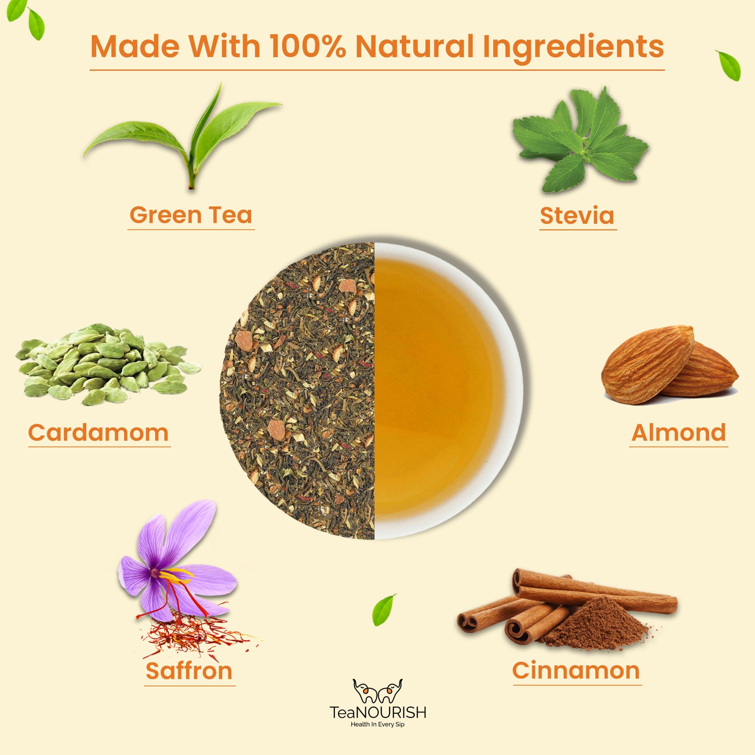 TeaNOURISH Saffron Kashmiri Kahwa | Loose Leaf Green Tea | Saffron, Cardamom, Cinnamon, Almond | Warming & Soothing | Improves Digestion, Boosts Immunity - 3.53oz/100g - Image 2