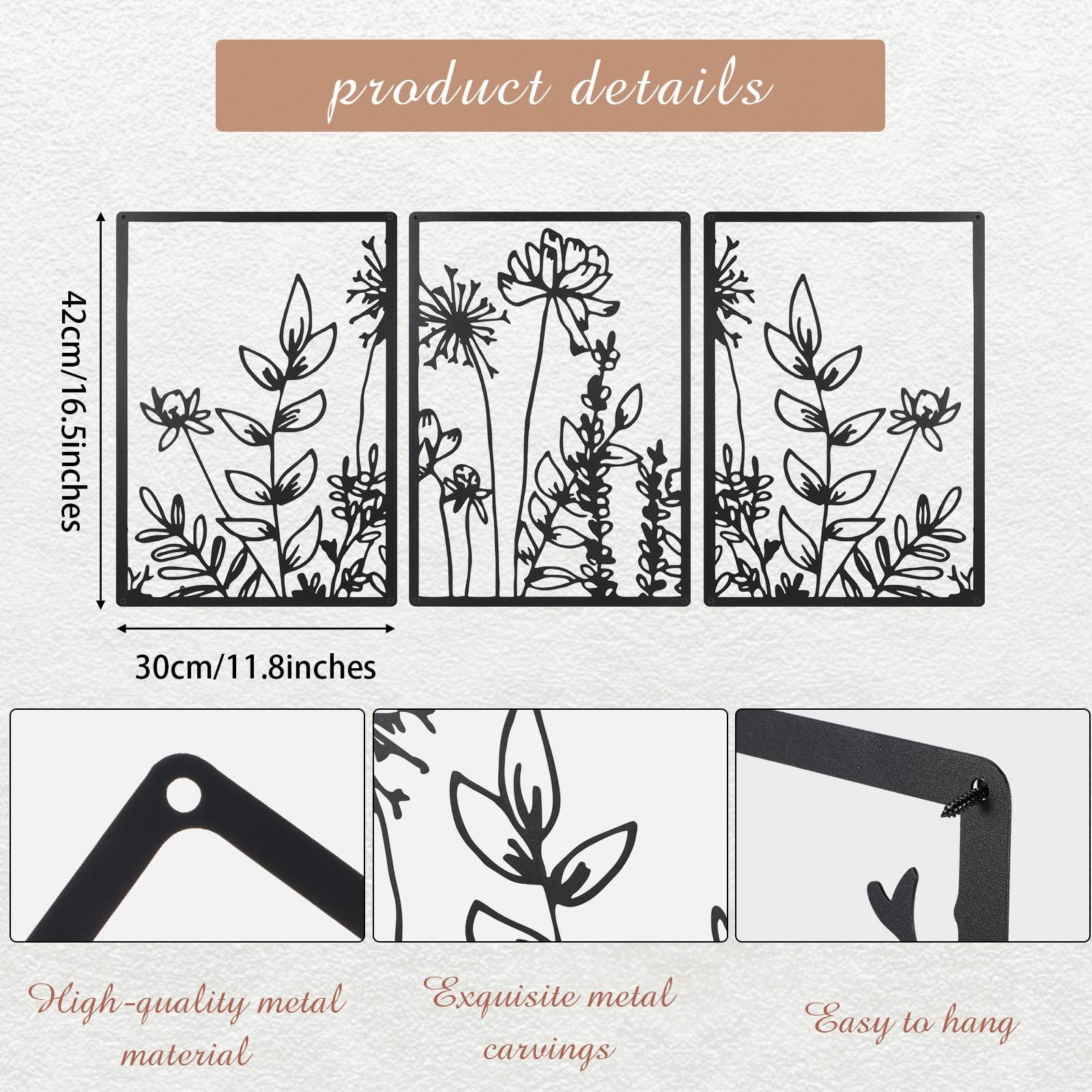 Therwen 3 Pcs Black Metal Wall Art Minimalist Wall Decor for Bedroom Flowers Decor Hanging Flower Bathroom Art Flower Line Sculpture Kitchen Decoration 16.5 x 9.8 Inch(Cute Style) - Image 2