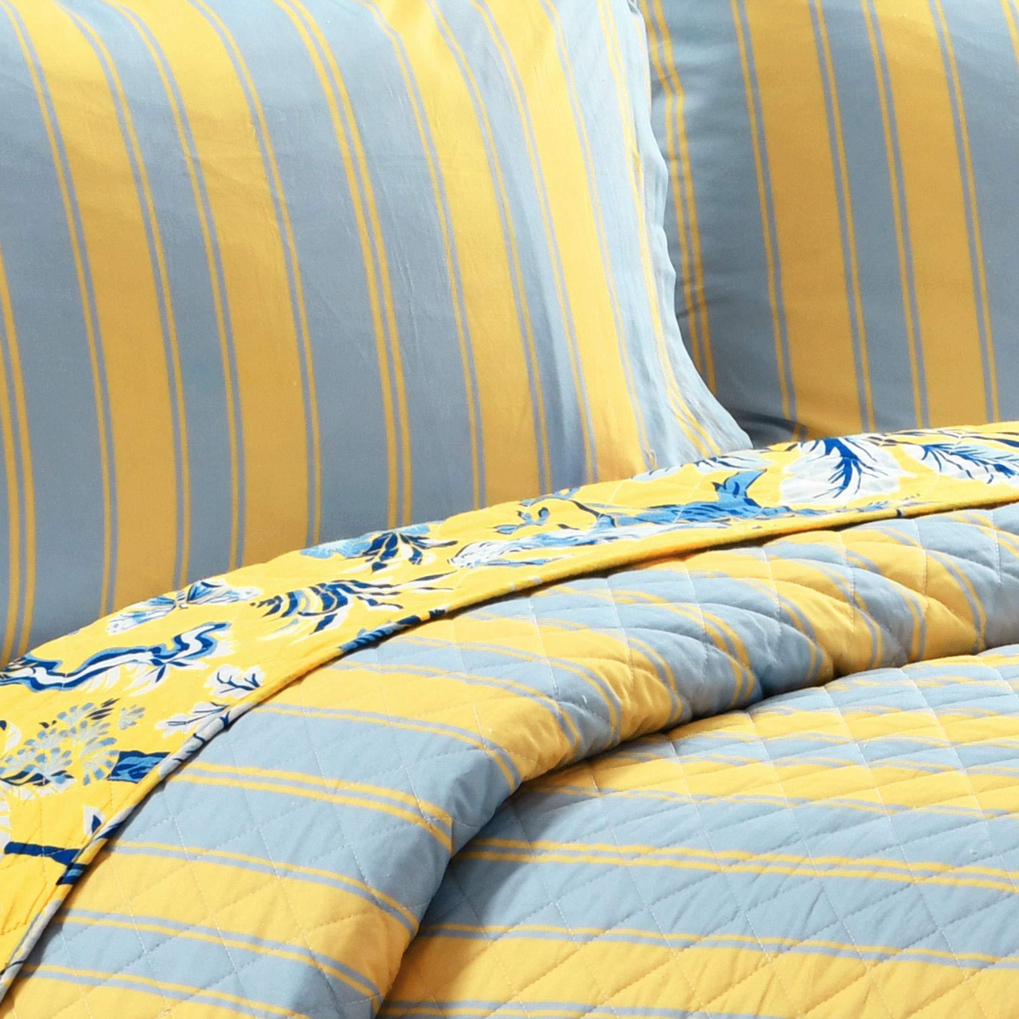 Lush Decor Dolores Reversible Cotton Quilt Set, 3 Piece Set, Full/ Queen, Yellow & Blue - Toile Bedding Set - Floral & Bird Quilt - Cottage, Maximalist & French Country Bedroom Decor - Image 5