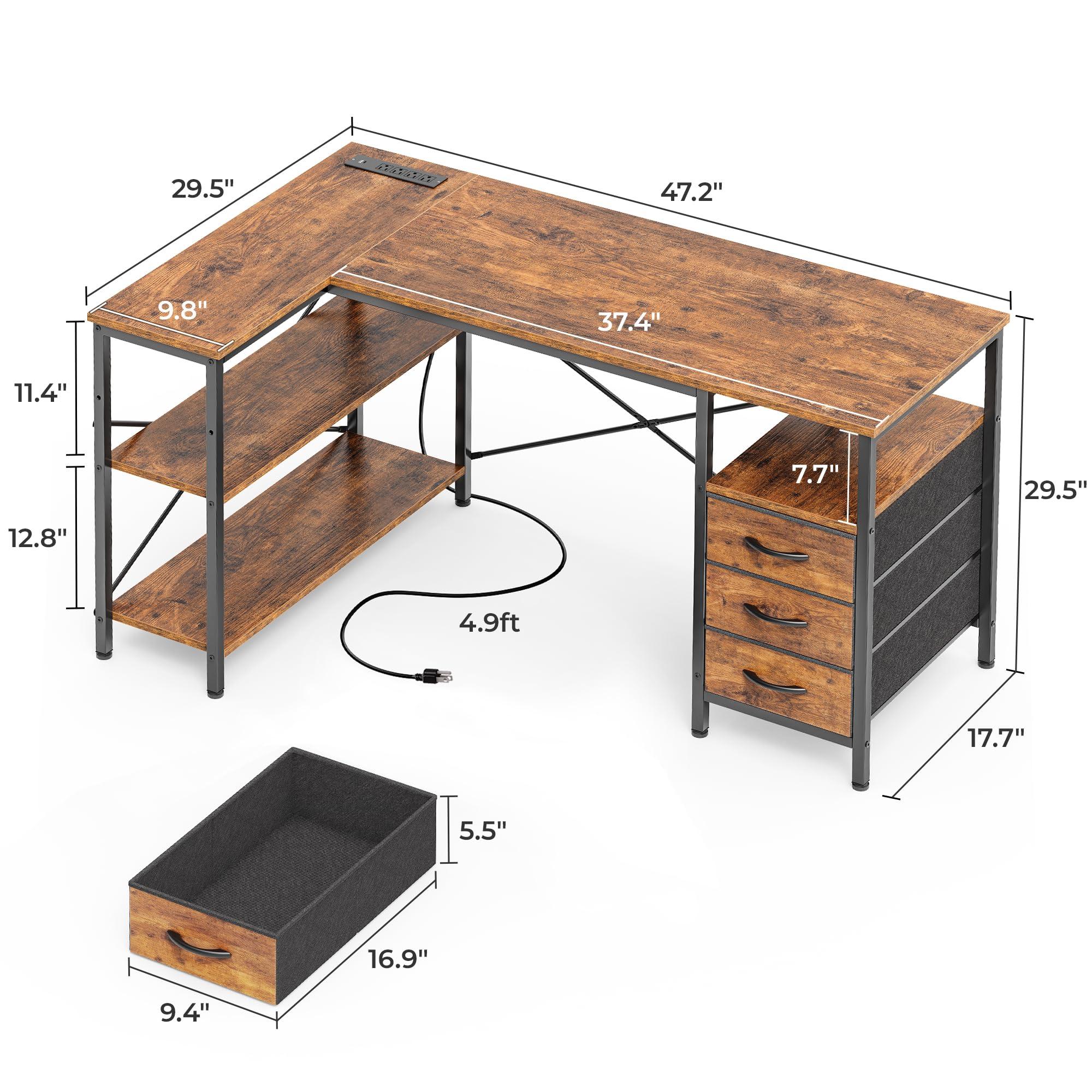 Huuger L Shaped Office Desk with Power Outlets, 47 Inch Computer Desk with 3 Drawers, Shelves, for Gaming, Corner Work, Home Office, Study, Rustic Brown - Image 3