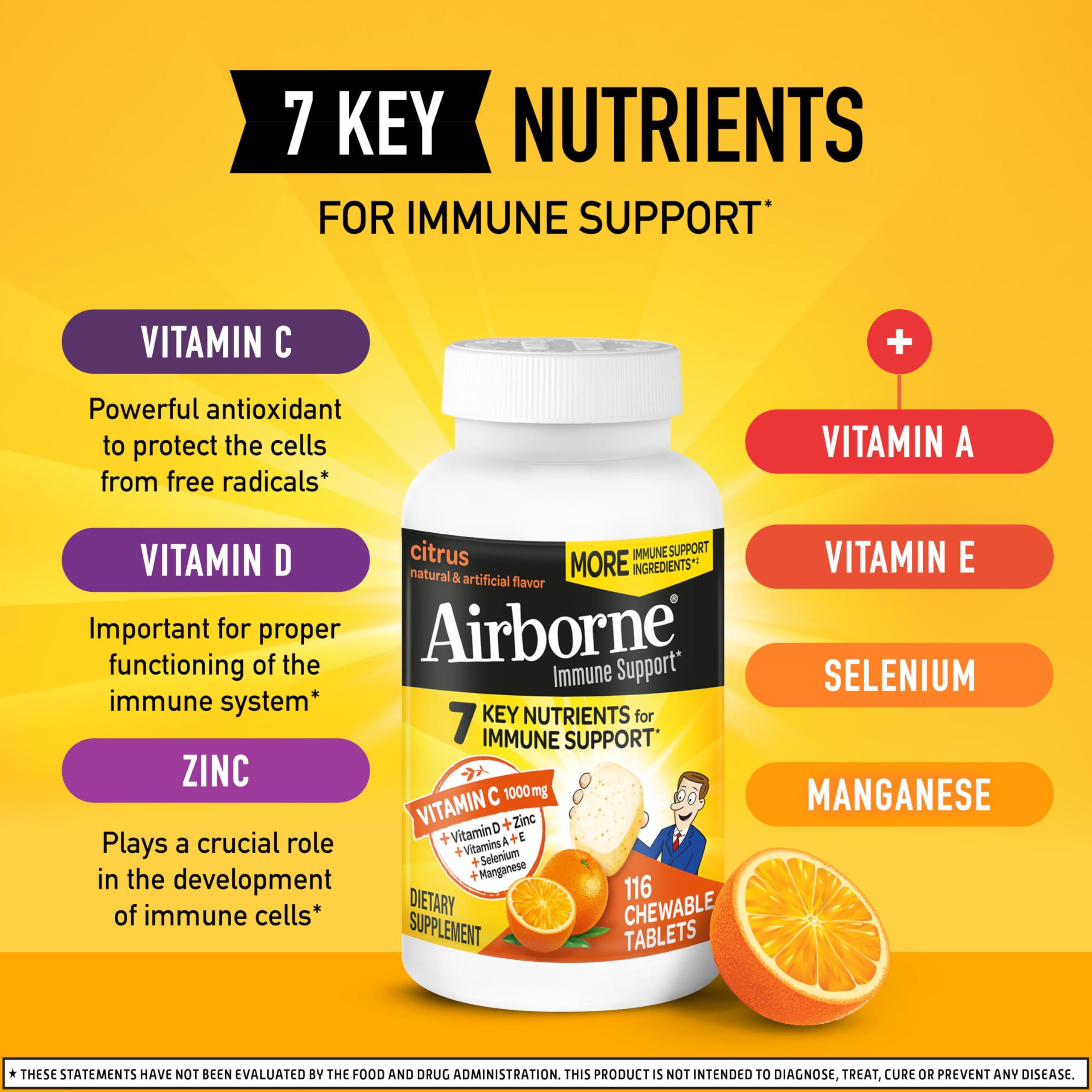 Airborne Vitamin C 1000mg (per Serving) - Citrus Chewable Tablets (116 Count in a Bottle), Gluten-Free Immune Support Supplement, with Vitamins A C E, Zinc, Selenium, Echinacea, Ginger, Antioxidants - Image 3