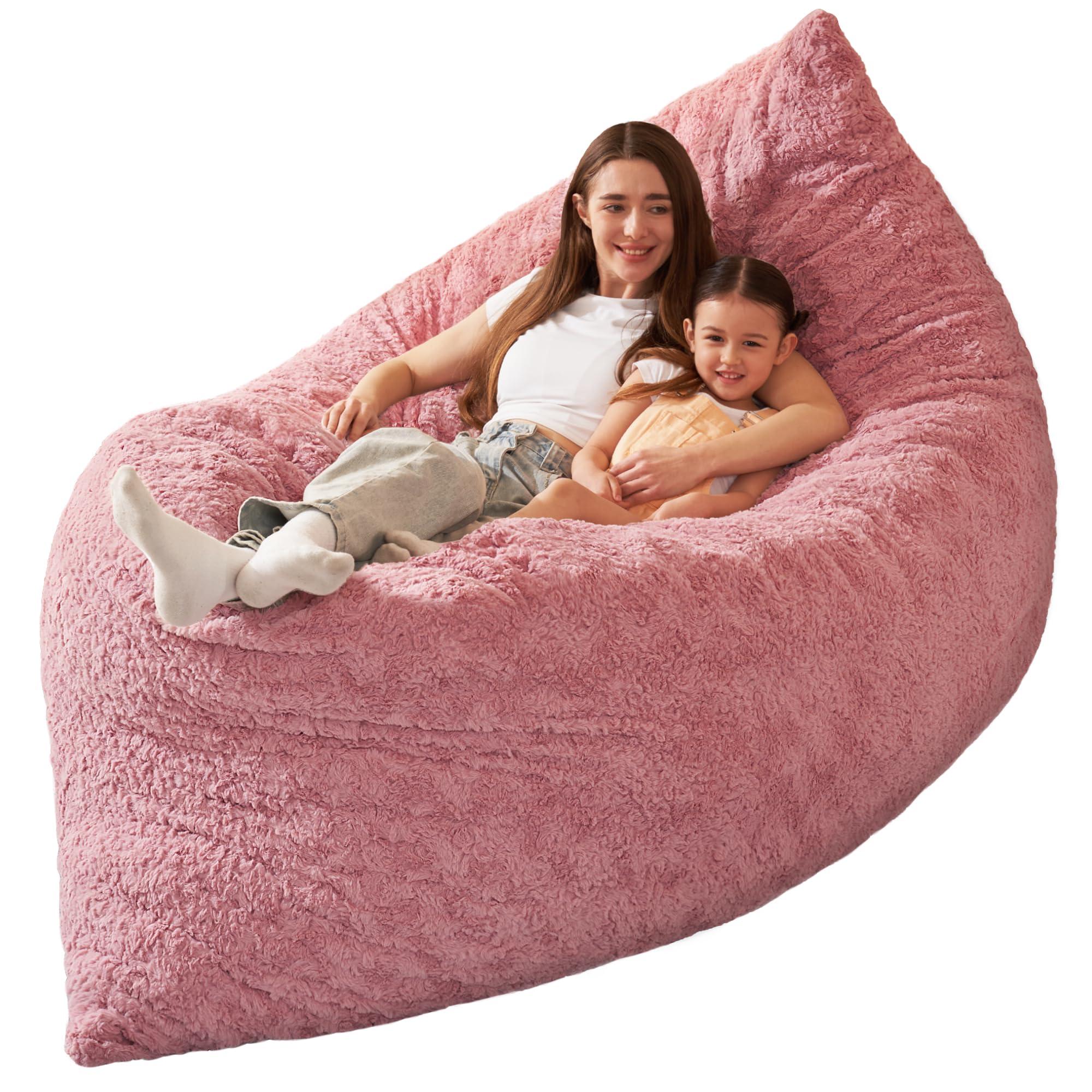 HABUTWAY 4 in 1 Bean Bag Chair, Giant Memory Foam Filling Bean Bag Sofa, Adult Bean Bag Chair, Machine Washable Faux Fur Cover, Bean Bag for Adult (Pink)