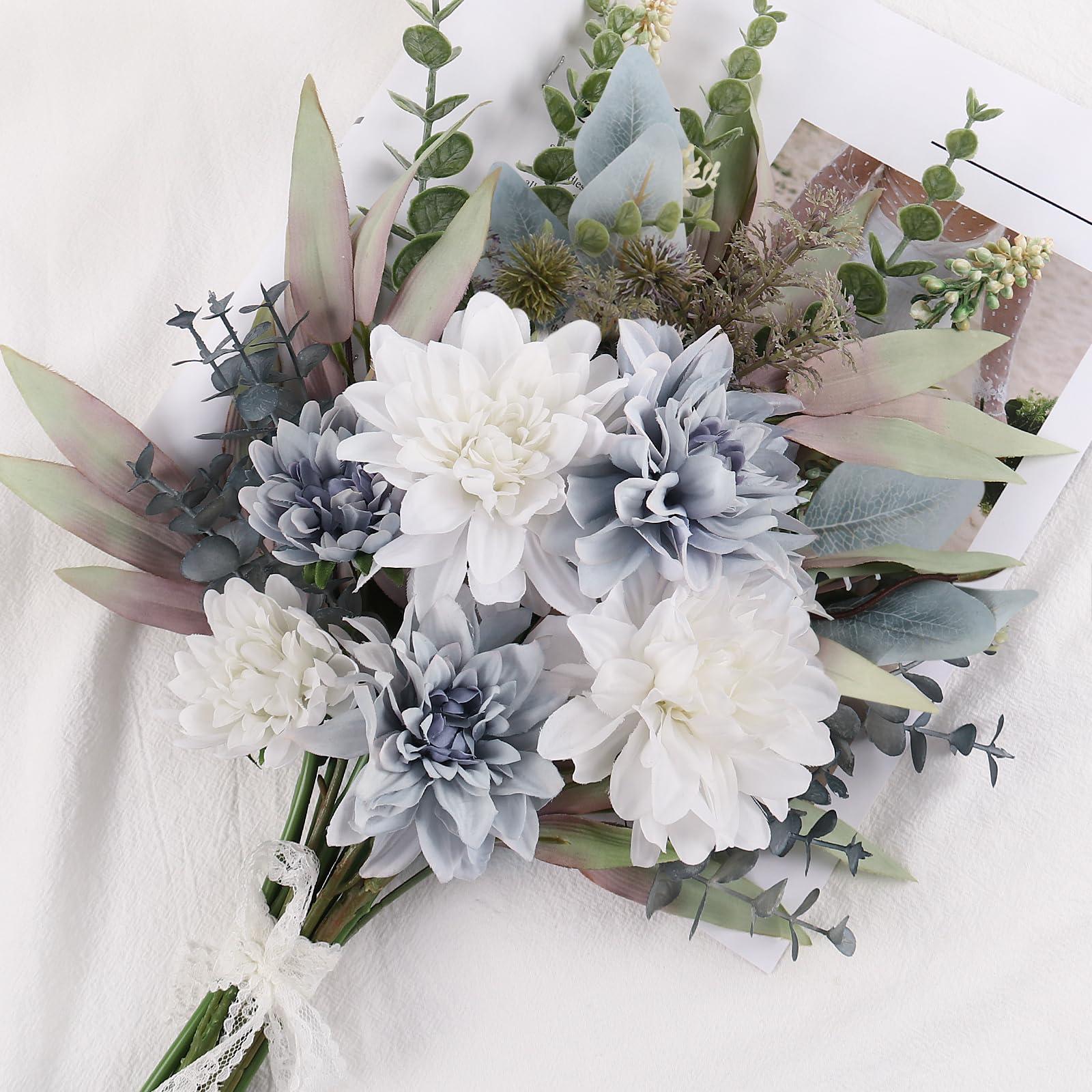 Fake Artificial Flowers Bouquet for Decoration, Silk Floral Arrangements Faux Flowers Plant Wedding Bride Bouquets Tables Centerpieces for Rustic Home Decor Indoor Vase Floral Table Decor (Blue White) - Image 6