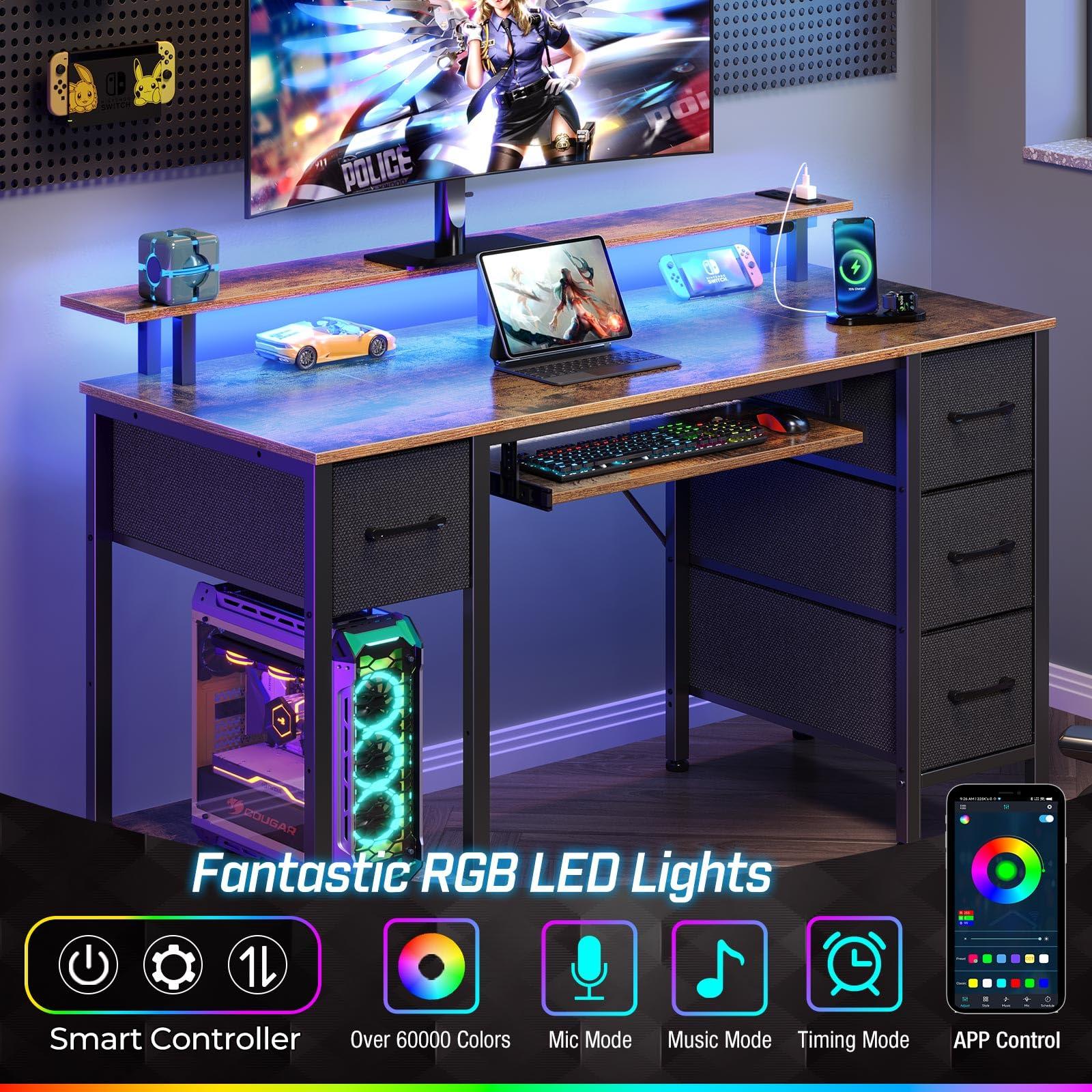 Seventable Computer Desk 55.1" with LED Lights & Power Outlets, Home Office Desk with 4 Drawers, Writing Desk with Keyboard Tray, Study Table with Monitor Stand, Work Table for Office, Rustic Brown - Image 4