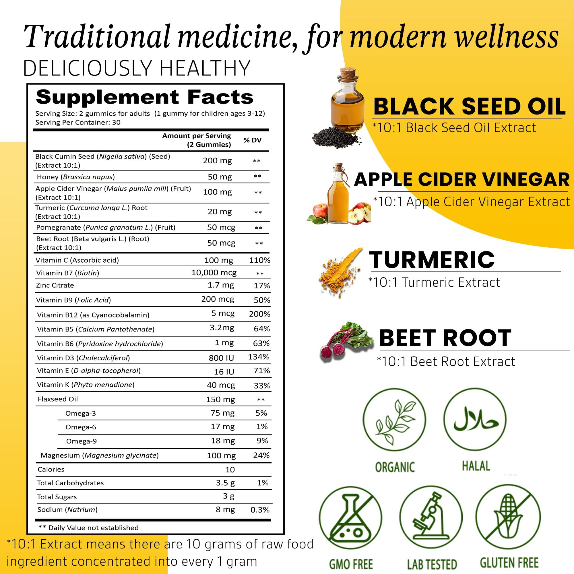 Siraj Organic Black Seed Oil Gummies w/Honey &15% Thymoquinone | Multivitamin for Immune Support, Stress Relief Gummy Vitamins | Turmeric, Apple Cider Vinegar, Multivitamin Gummies - Image 6