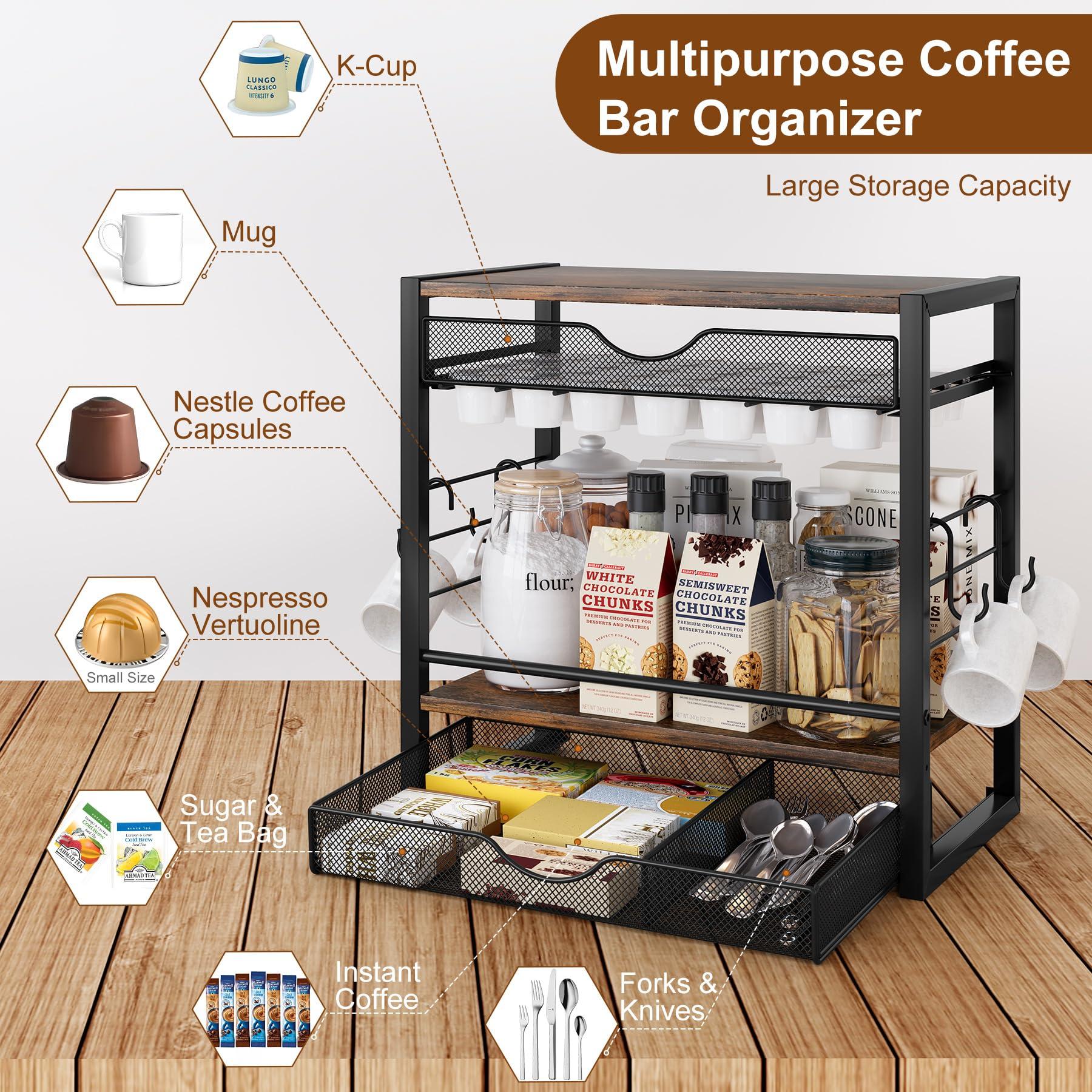 TQVAI Coffee Bar Station Organizer for Countertop, 70 Capsule K Cup Holder with Mugs Hooks, Pull Out Coffee Pod Organizer for Syrup Pack, Tea Bag, Bean, Black - Image 4