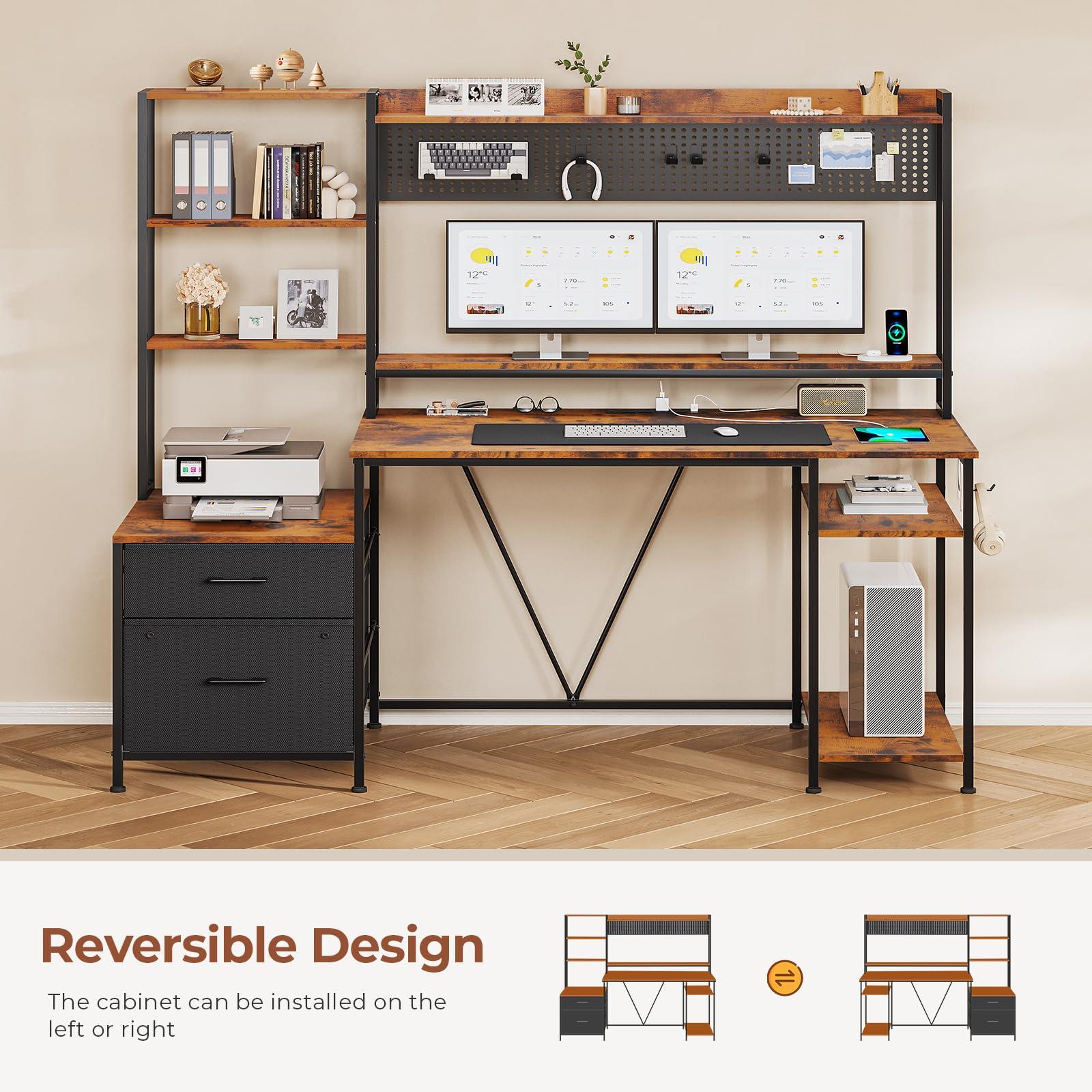 UPOSOJA Gaming Desk with Hutch, 65in Reversible Computer Desk with Power Outlets LED Light, Home Office Desk with Monitor Stand 2 Drawers 4 Storage Shelves Pegboard 8 Hooks Mouse Pad (Brown) - Image 5
