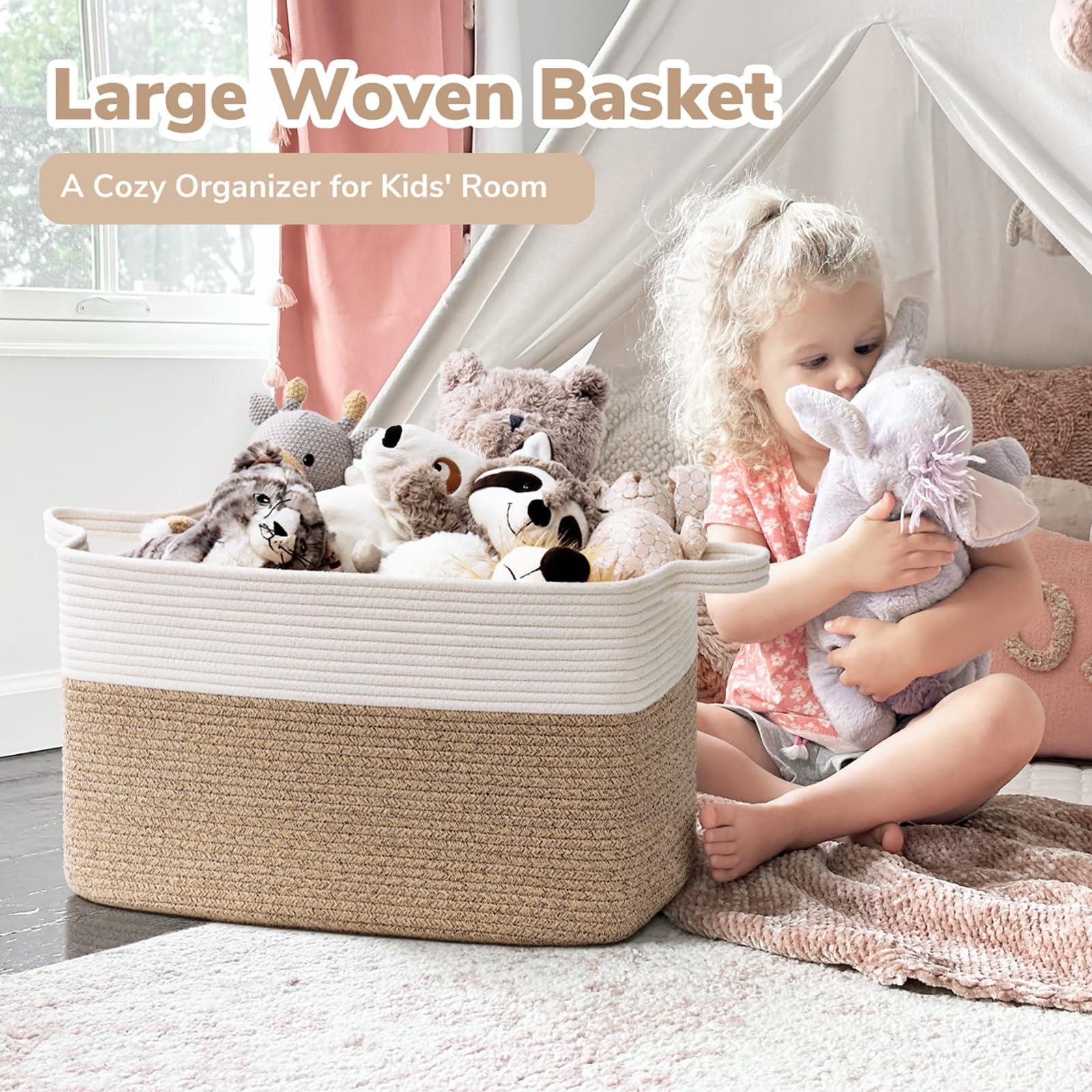 Goodpick Large Woven Blanket Basket, 21.6" x 14.9" x 11.8" Storage Baskets for Organizing, Rectangle Cotton Rope Toy Basket for Living Room, Bedroom, White & Brown - Image 3