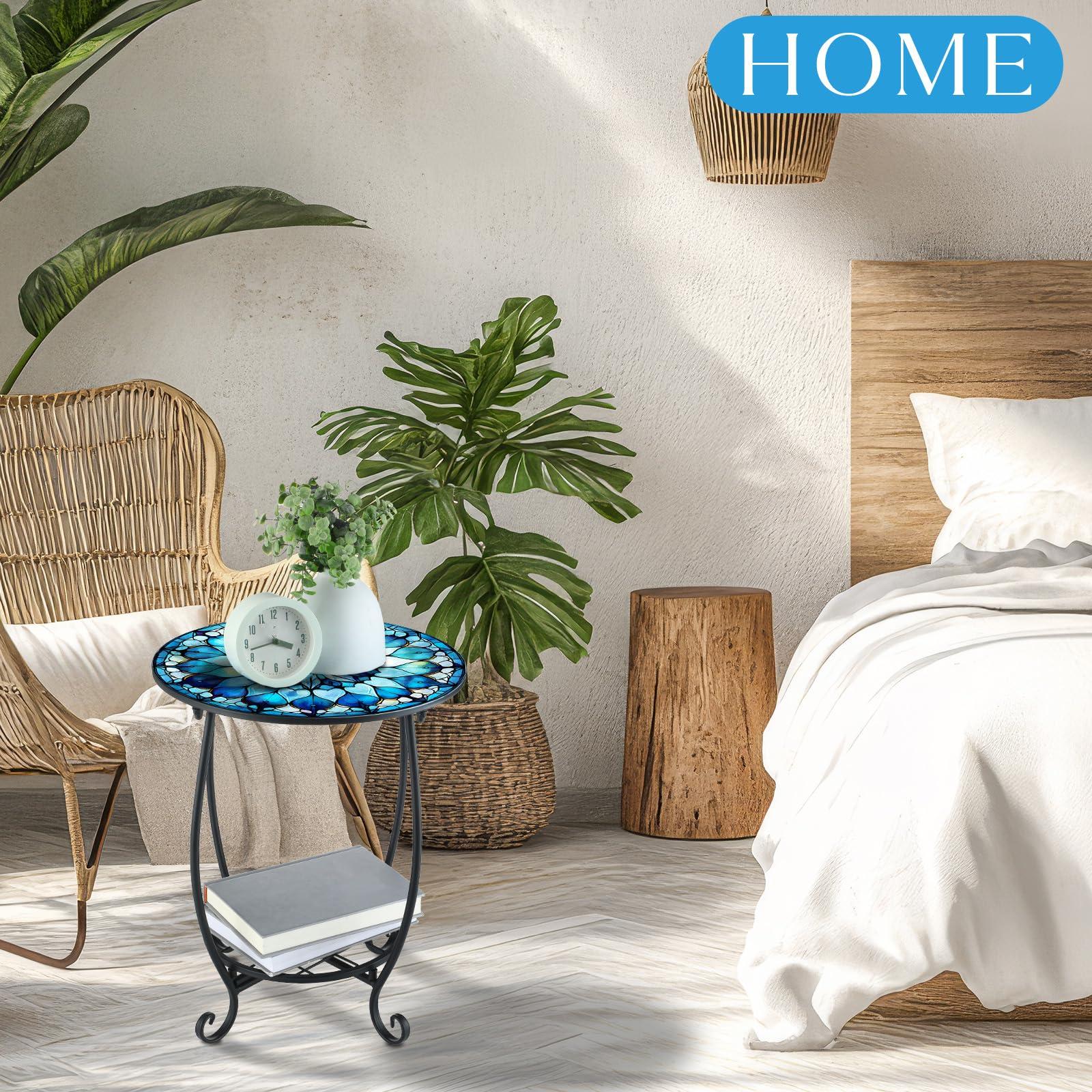 Cinnvoice Outdoor Side Table Round Small Mosaic Patio Accent Indoor End Plant Metal Coffee Tea Table for Yard Porch Garden Patio Living Room, Bedroom(Mandala Flower Style,14 Inch) - Image 6