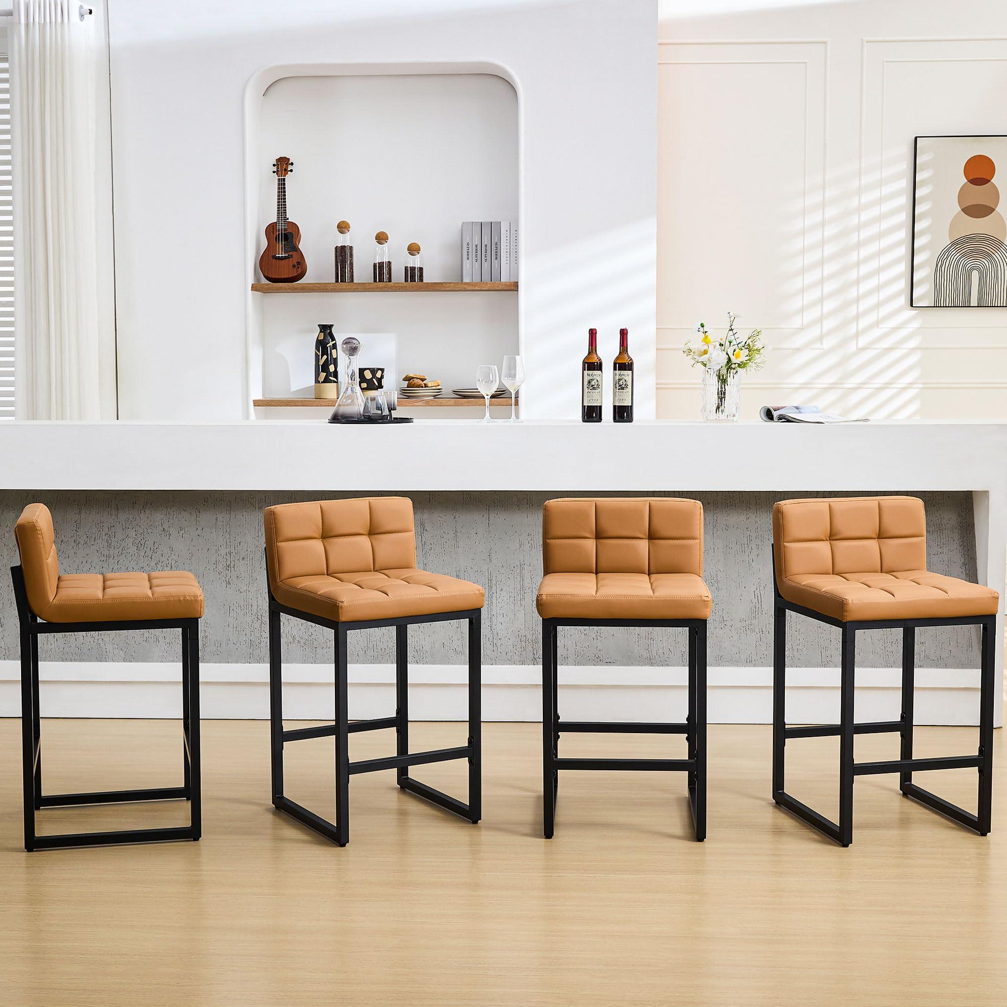 FIRAVOE Bar Height Stools Set of 4, PU Leather Barstools Modern Counter Stools with Back and Thickened Metal Legs, Bar Chairs for Kitchen Island (Caramel Brown, 4Pcs 26" Bar Stools)