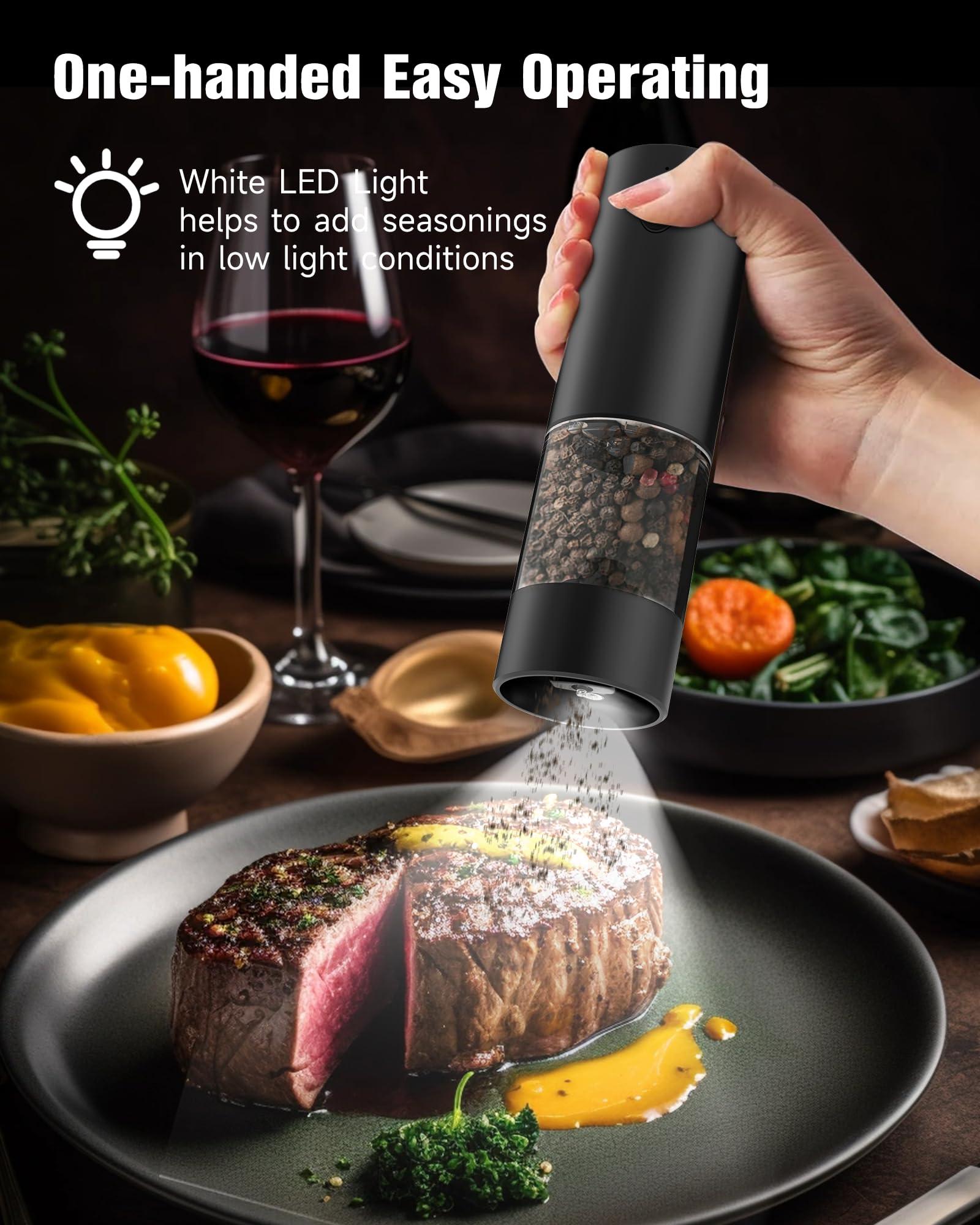 Rechargeable Salt and Pepper Grinder Set, Upgraded Larger Capacity Electric Salt and Pepper Grinder Set with USB Charging Base & White LED Light, 5-Level Adjustable, One-handed Operation, 2 pack - Image 7