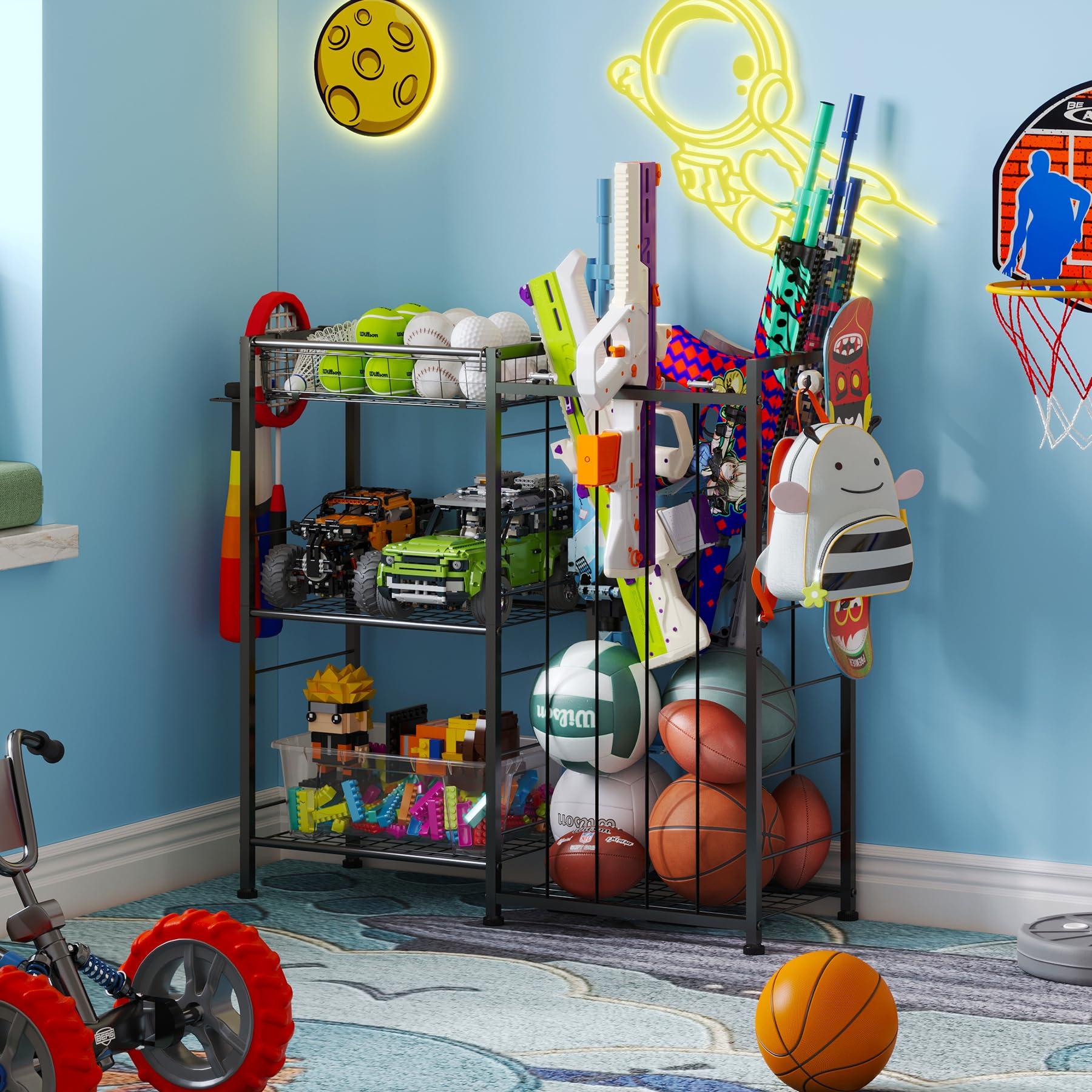 Sports Equipment Organizer, Ball Storage Rack with Elastic Straps and Removable Basket for Garage Organization, Garage Organizer with Hooks for Toy Sports Gear Storage, Sports Ball Storage Cart, Black - Image 6